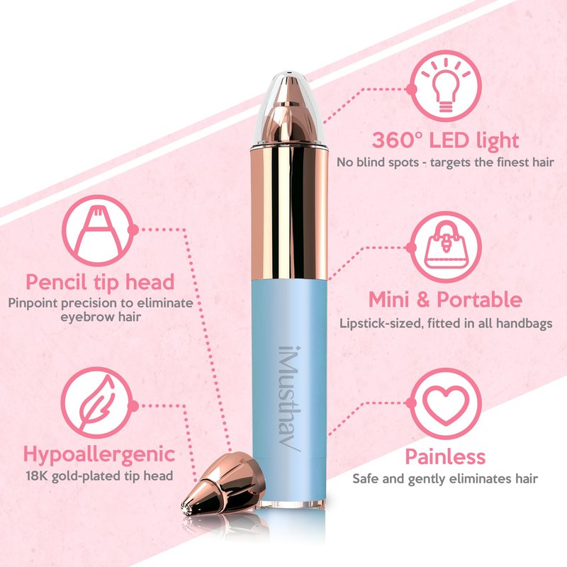 iMusthav Eyebrow Trimmer for Women, Precise & Painless Eyebrow Razor with LED Light, Electric Facial Hair Remover for Flawless Brows, Lip & Face, Battery Operated, Travel-Friendly, Gold-Plated Design