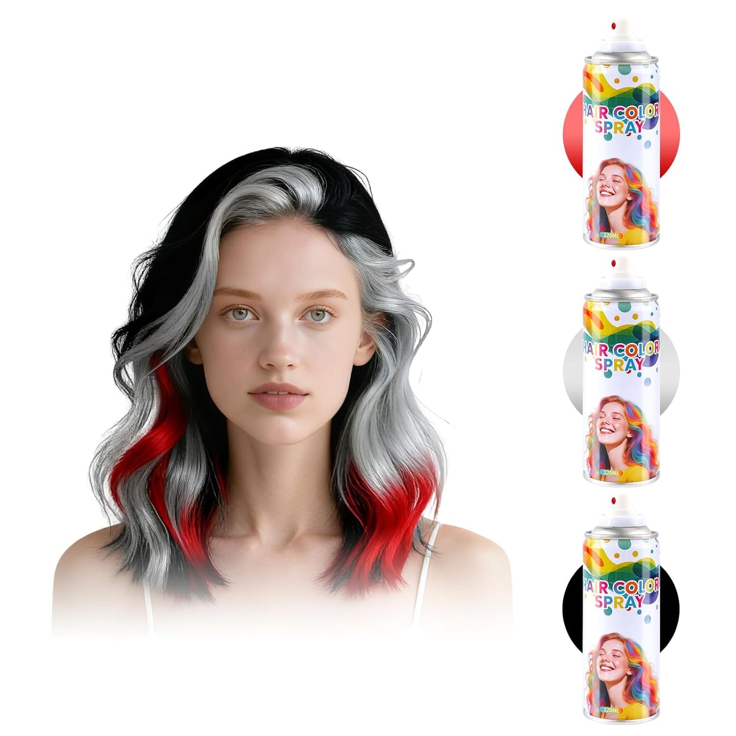 Temporary Hair Color Spray - Black, Silver & Red | One-Day Washable Hairspray for Party & Cosplay
