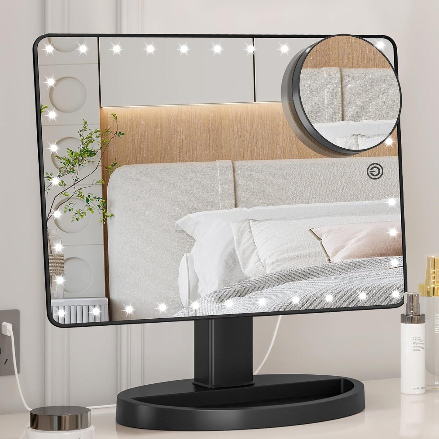 Large Lighted Makeup Mirror - 3 Color Modes, 88 LED, 10X Magnification | 360° Rotation, Touch Screen (Black)
