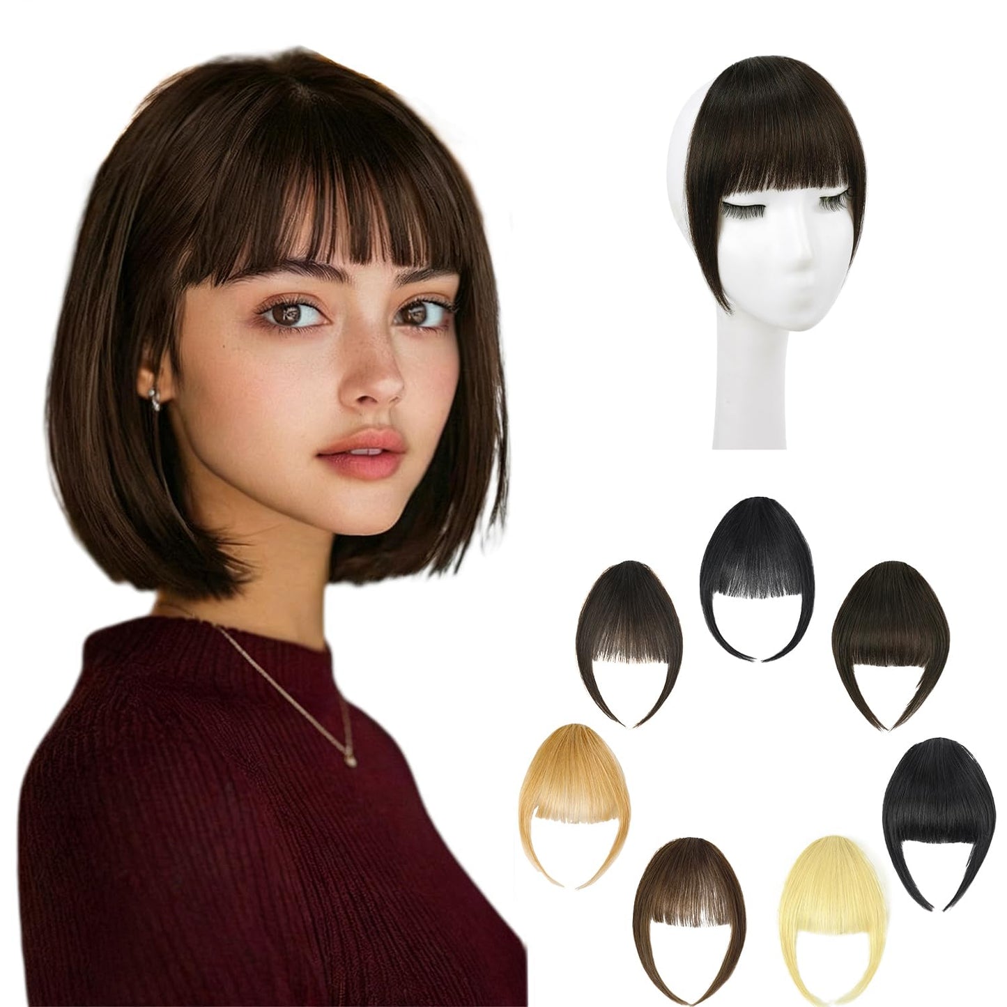 Clip In Bangs - 100% Real Human Hair Wispy Black Bangs | Curved Hairpieces for Everyday Style