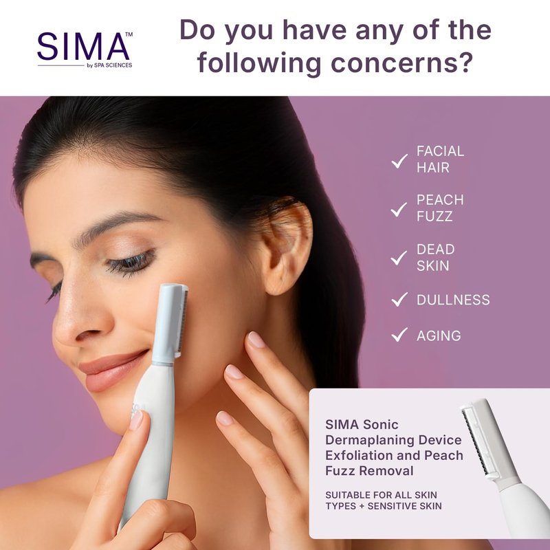 SPA SCIENCES - SIMA Patented Dermaplane Razor for Women Face – Painless 2-in-1 Facial Exfoliation & Peach Fuzz Hair Removal – Anti-Aging – 3 Speeds – Rechargeable – 19 Weeks Treatment