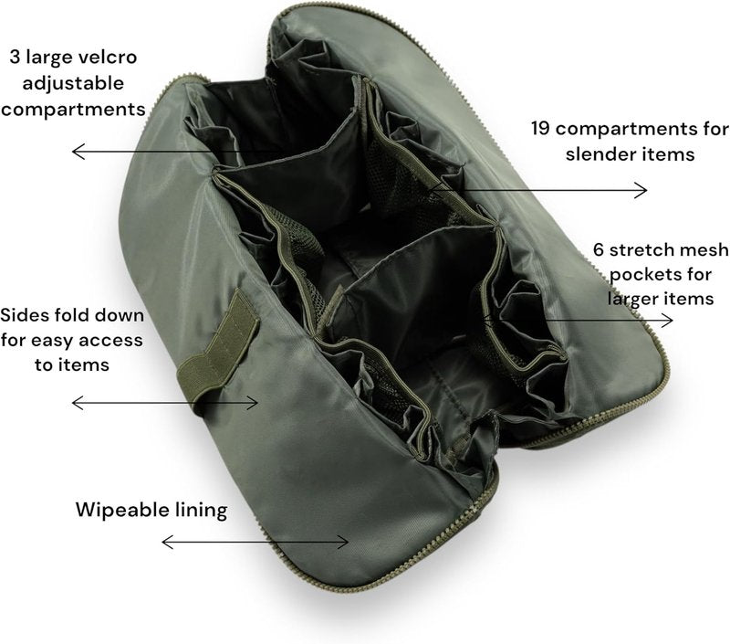 Vertical Waterproof Makeup & Toiletry Bag - 23-Pocket Organizer for Skincare & Essentials | Olive Color
