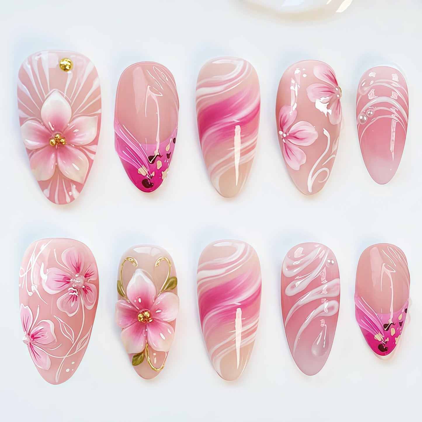 Almond Press-On Nails - 30 Pcs Medium 3D Gold Star Design | Glossy Full Cover Butterfly Acrylics