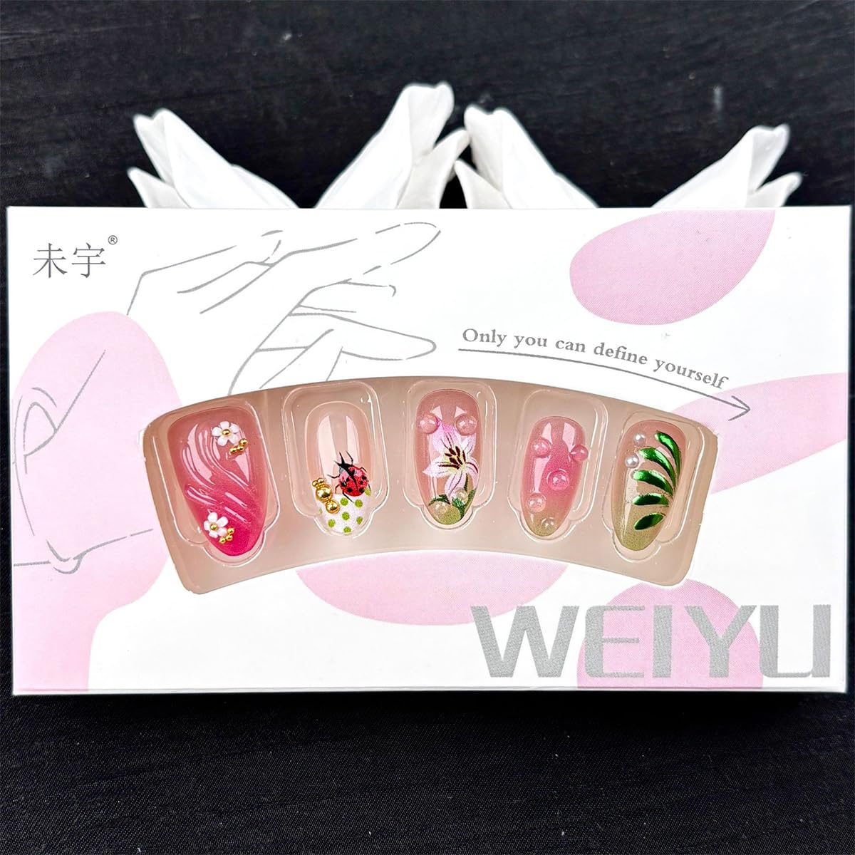 30Pcs Press-On Nails - Summer Short Almond Shape with Floral Leaf & Ladybug Design | Pink Green Gradient Full Cover