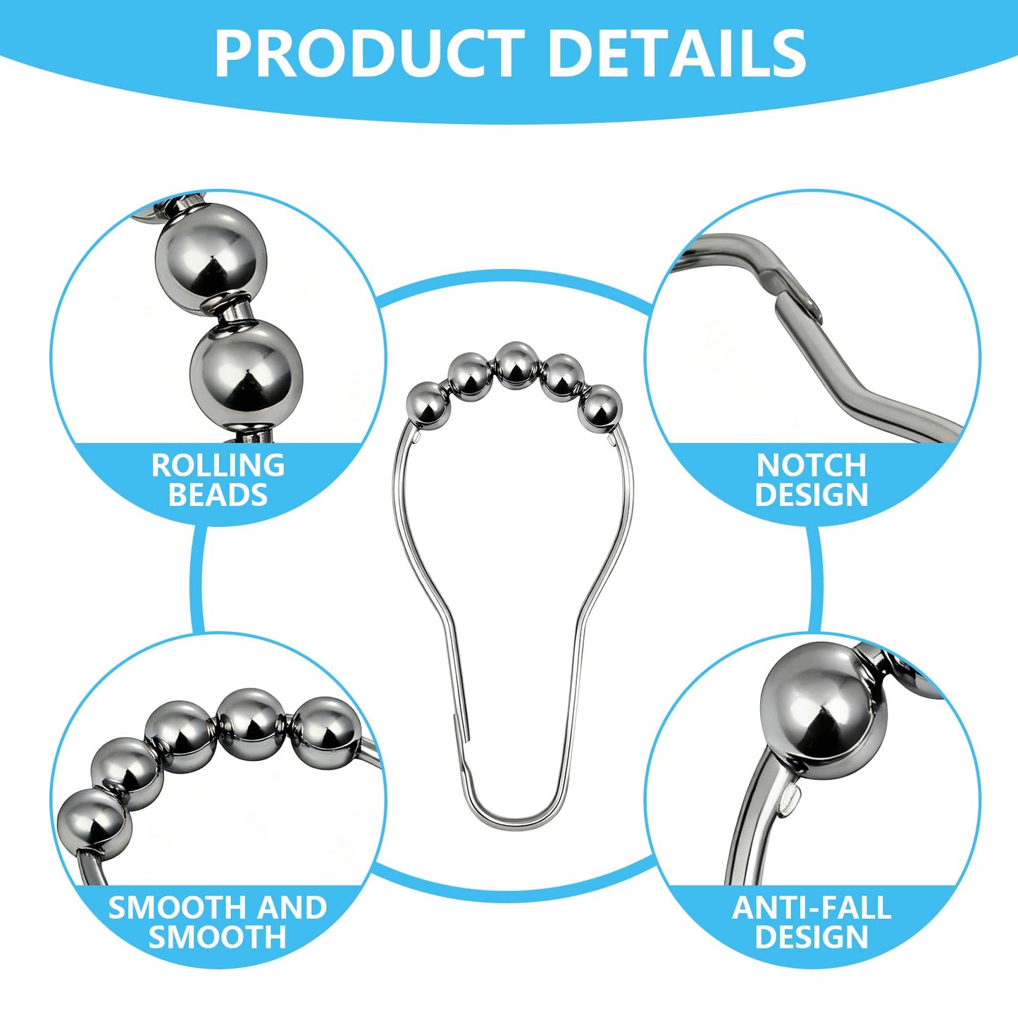 Shower Curtain Hooks Rust Proof Stainless Steel - Set of 13 Silver Shower Curtain Rings for Bathroom Rods, Heavy Duty Metal Gliding Hangers, Decorative Polished Finish for Curtains & Liners
