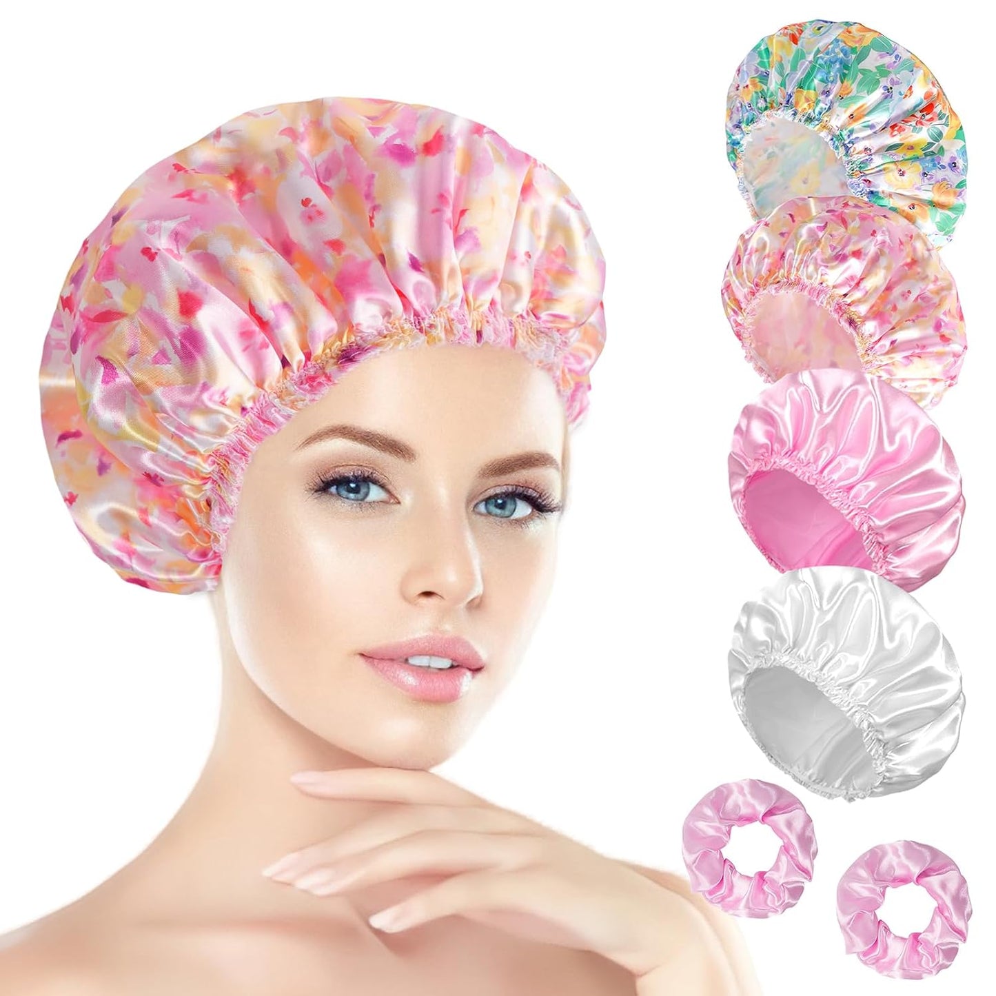 Shower Cap Set of 4 - Reusable Waterproof Double Layer Hair Caps + 2 Satin Scrunchies | Pattern A