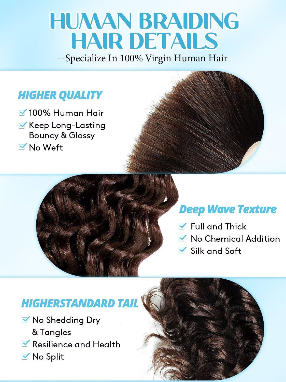 100% Unprocessed Human Hair for Braiding, #4 Medium Brown Pre-Separated Curly Bulk Hair, 12A Grade Deep Boho Braiding Hair Extensions, Seamless Natural Dark Hair,18 Inch 150g 3 Bundles