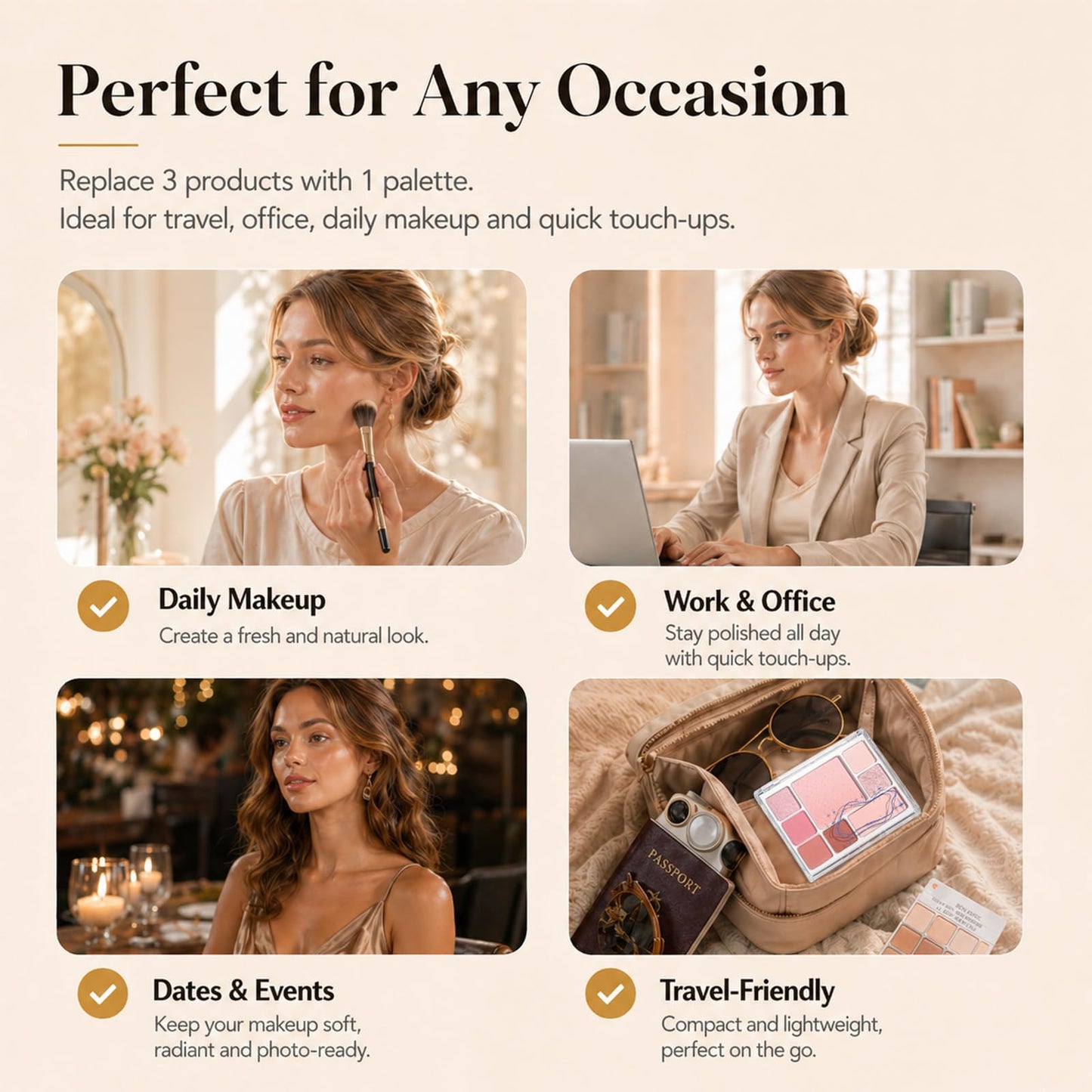 All-in-One Makeup Palette with 6 Matte Shimmer Eyeshadows, Ombre Blush & Contour, Highly Pigmented Blendable Face Palette for Daily Makeup, Travel, Office, Dates & Gift for Women(01 Soft Rosy)