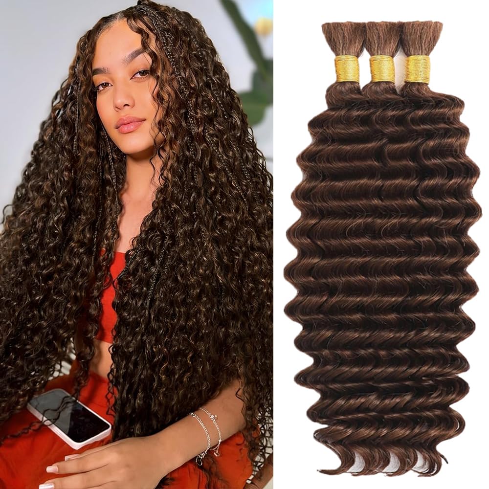 Dark Brown Boho Hair for Braiding #4 Brown Braiding Hair 16 16 16 Inch Chocolate Brown Deep Wave Boho Human Hair for Braiding #4 Curly Hair Extensions for Braids 150g 3 Bundles