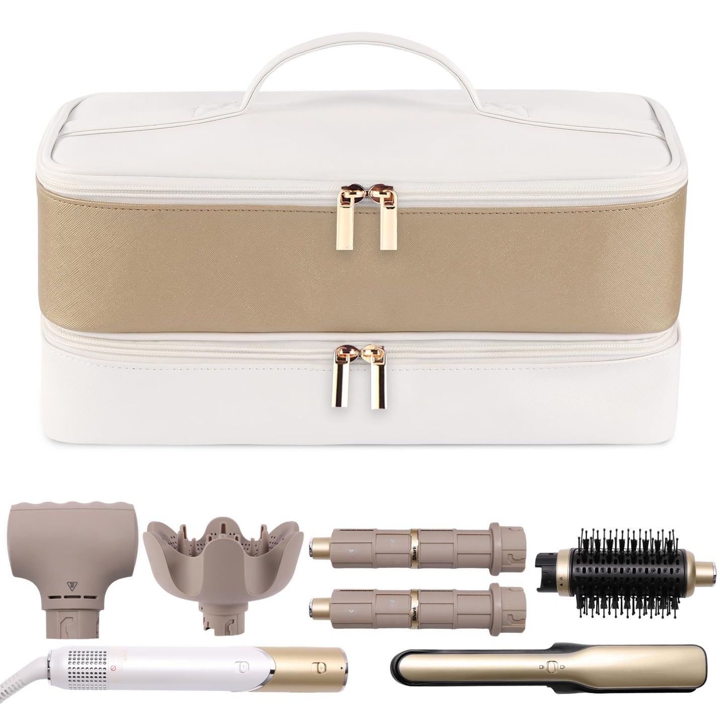 GENCAM Double Layer Travel Case for Shark Flex Fusion/Glam Ceramic, Flexfusion Storage Bag for HD641S HD641 HD642 HD642S, Carrying Case Compatible with Dyson Airwrap Shark Flexstyle (Golden White)