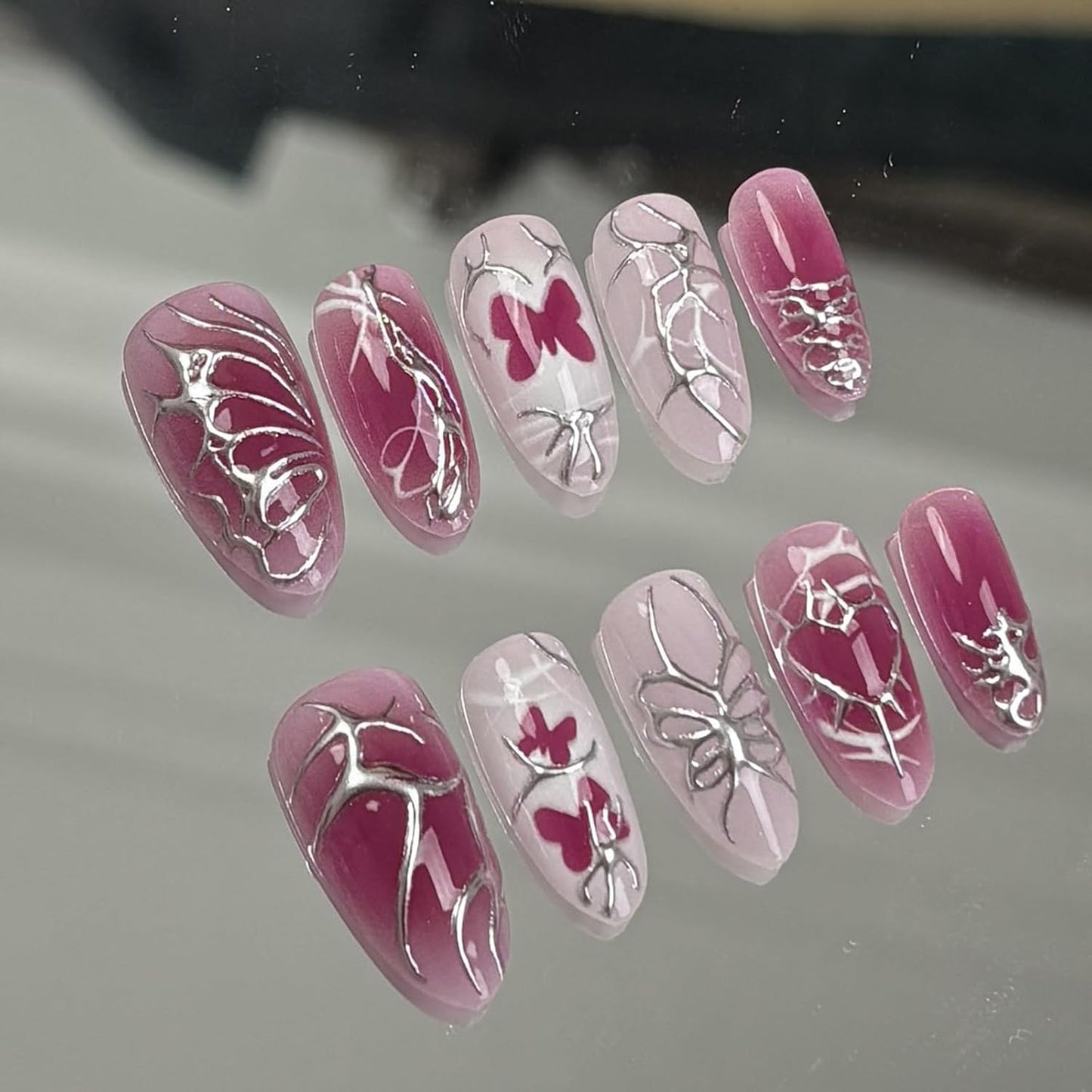 French Tip Press-On Nails - 24 Pcs Medium Almond 3D Flower Design | Glossy Acrylic Full Cover with Gold Pearl Accents