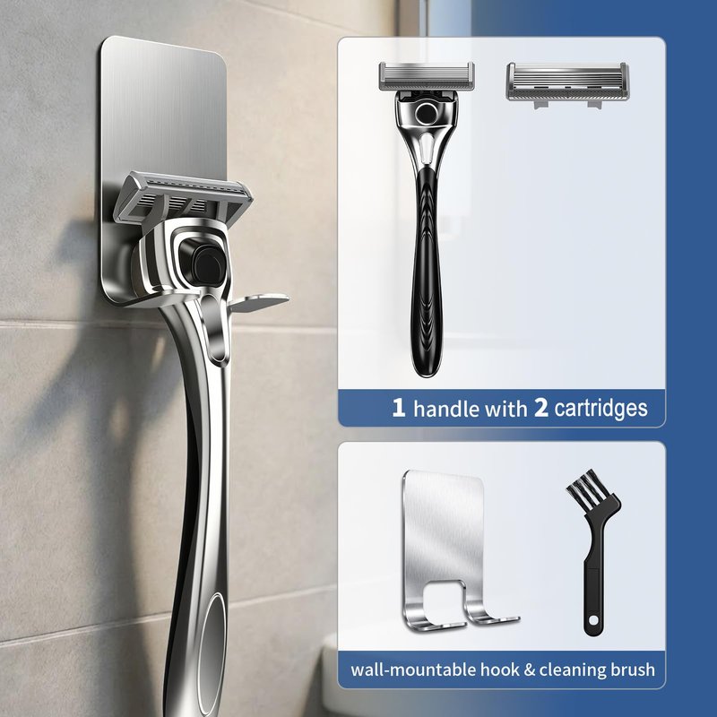 FYNEDGE Professional 6-Blade Men's Razor with Lubricating Strip & Precision Trimmer, 45° Pivoting Head, Metal 1 Handle +2 Blade Refills, Includes Cleaning Brush & Wall Mount