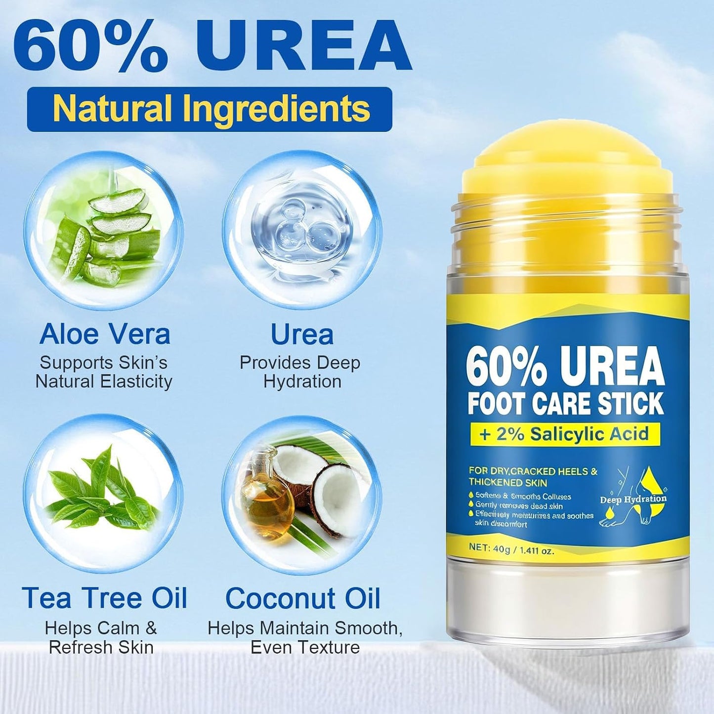 Urea Foot Cream Stick - 60% Urea & 2% Salicylic Acid for Dry, Cracked Feet | Fast-Absorbing Moisturizer, 1.41 oz
