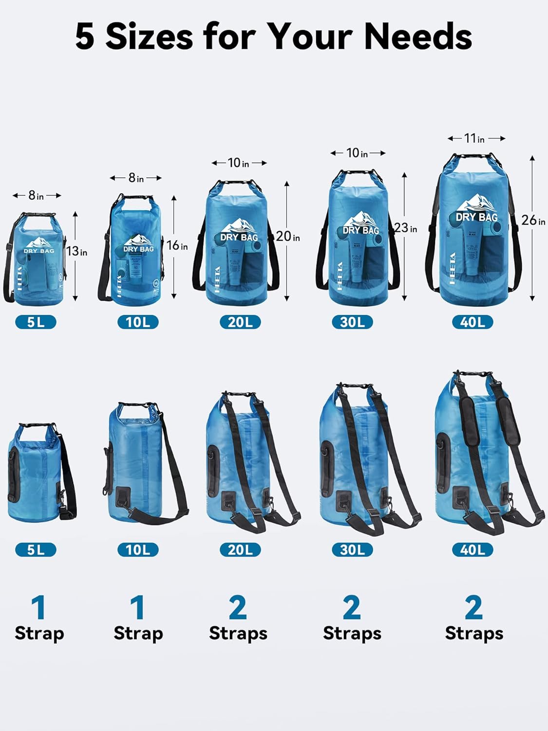 Waterproof Dry Bag - Lightweight Roll Top Storage Backpack for Travel, Swimming, Boating | 5L/10L/20L/30L/40L Sizes