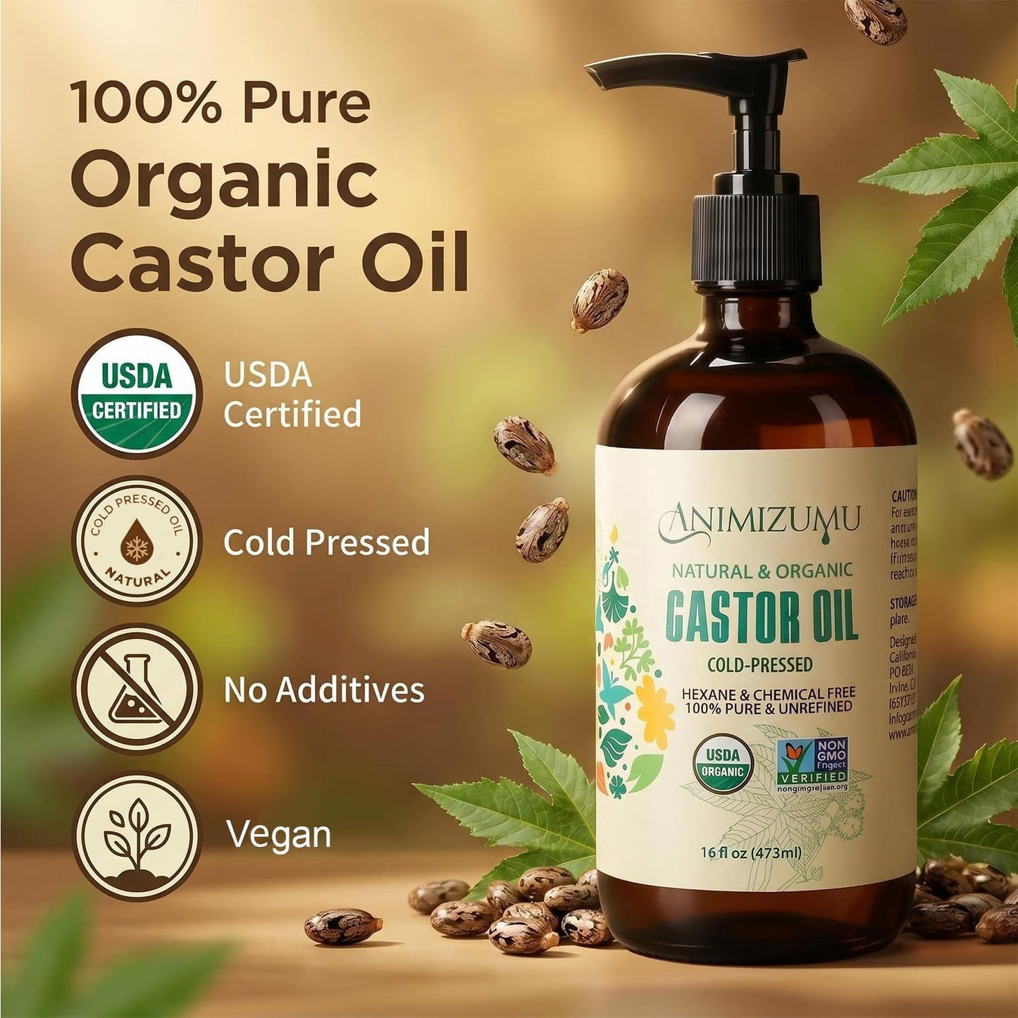USDA Organic Castor Oil Cold Pressed,Unrefined Glass Bottle Hexane-Free Non-GMO Vegan,100% Pure Castor Oil for Hair Growth,Scalp,Face,Skin,Eyelashes,Eyebrows,Body Massage & Castor Oil Pack Wrap 16oz