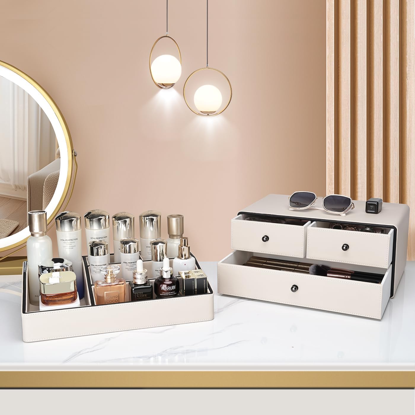 Leather Makeup Organizer - 3 Drawer 2 Tier Cosmetic Storage for Vanity & Bathroom | Beige