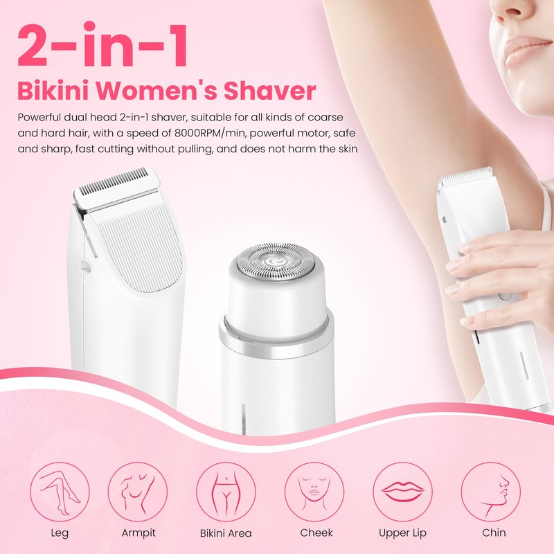 YZDJQX Bikini Trimmer for Women-2 in 1 Dual Head Electric Razors,IPX7 Waterproof Bikini Electric Shaver,Dry & Wet Use Painless Bikini Shaver,Pubic Hair Trimmer for Private Area & Body Hair,White