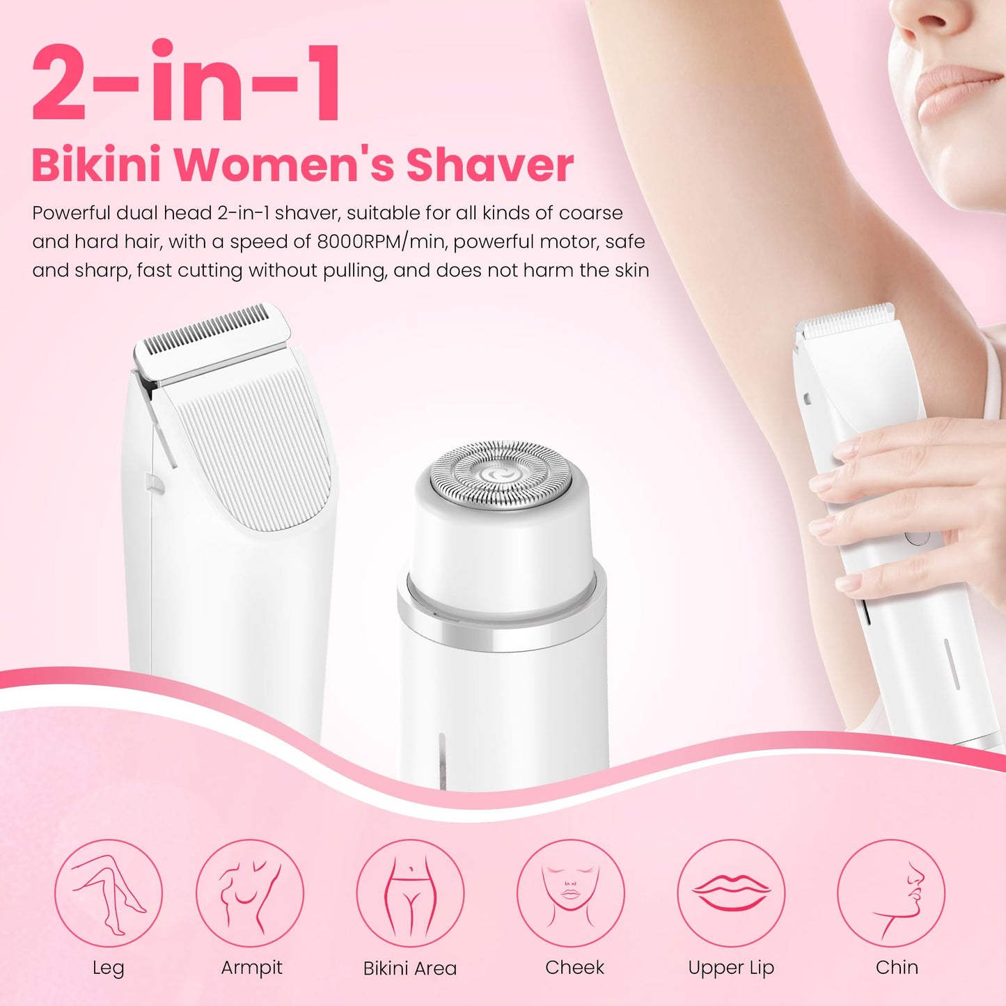 Bikini Trimmer for Women-2 in 1 Dual Head Electric Razors,USB Rechargeable Bikini Electric Shaver,IPX7 Waterproof Dry & Wet Use Body Hair Trimmer and Facial Hair Remover for Underarm Leg Body,White