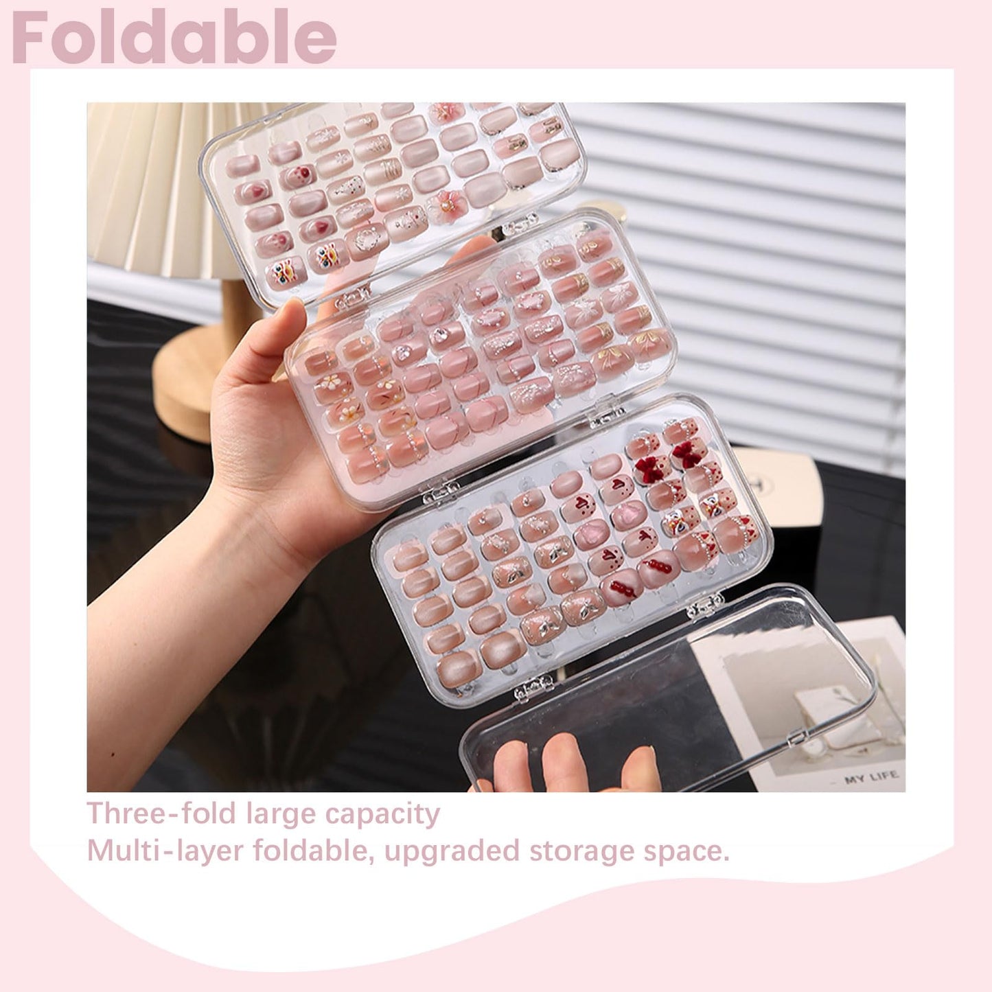 Oskrieel Tri-Fold Press On Nail Organizer Case - 4-Page Portable Storage Box for Fake Nails, Clear PET Plastic Travel Holder (6×3.2×1.8 inch)