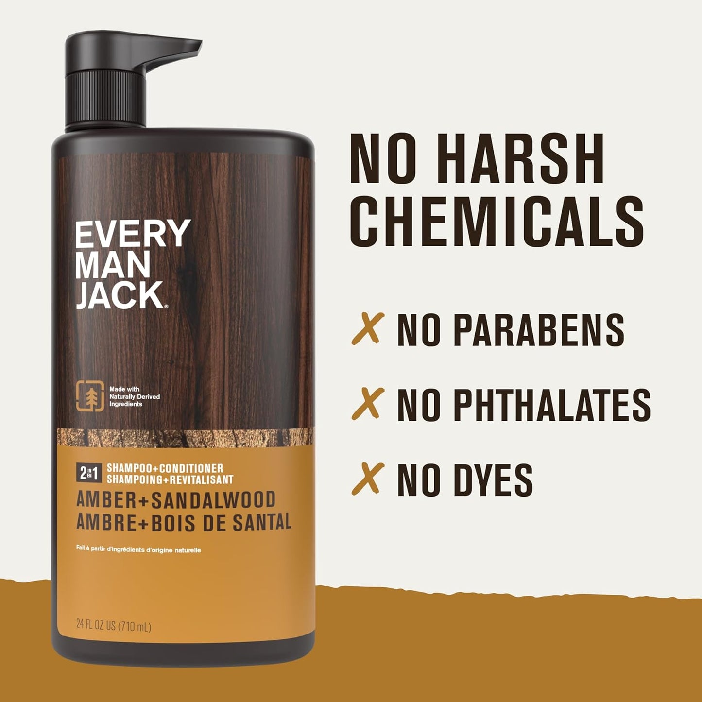 Every Man Jack 2-in-1 Shampoo & Conditioner for Men - Nourishing Amber & Sandalwood | Cruelty-Free | 24oz