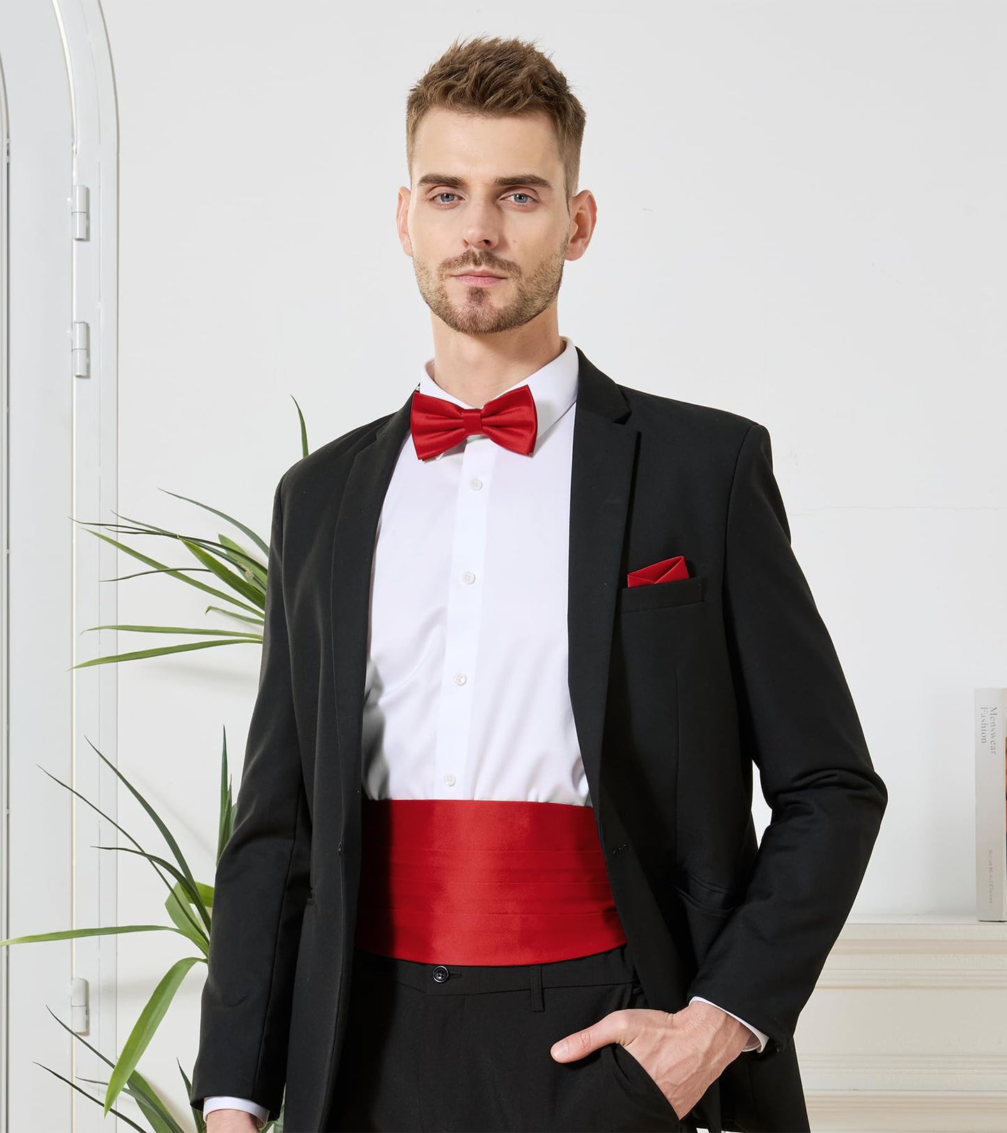 PenSee Mens Formal Solid Pre-tied Bow Tie & Pocket Square & Cummerbund Set Tuxedo Bow Ties for Men Red Medium