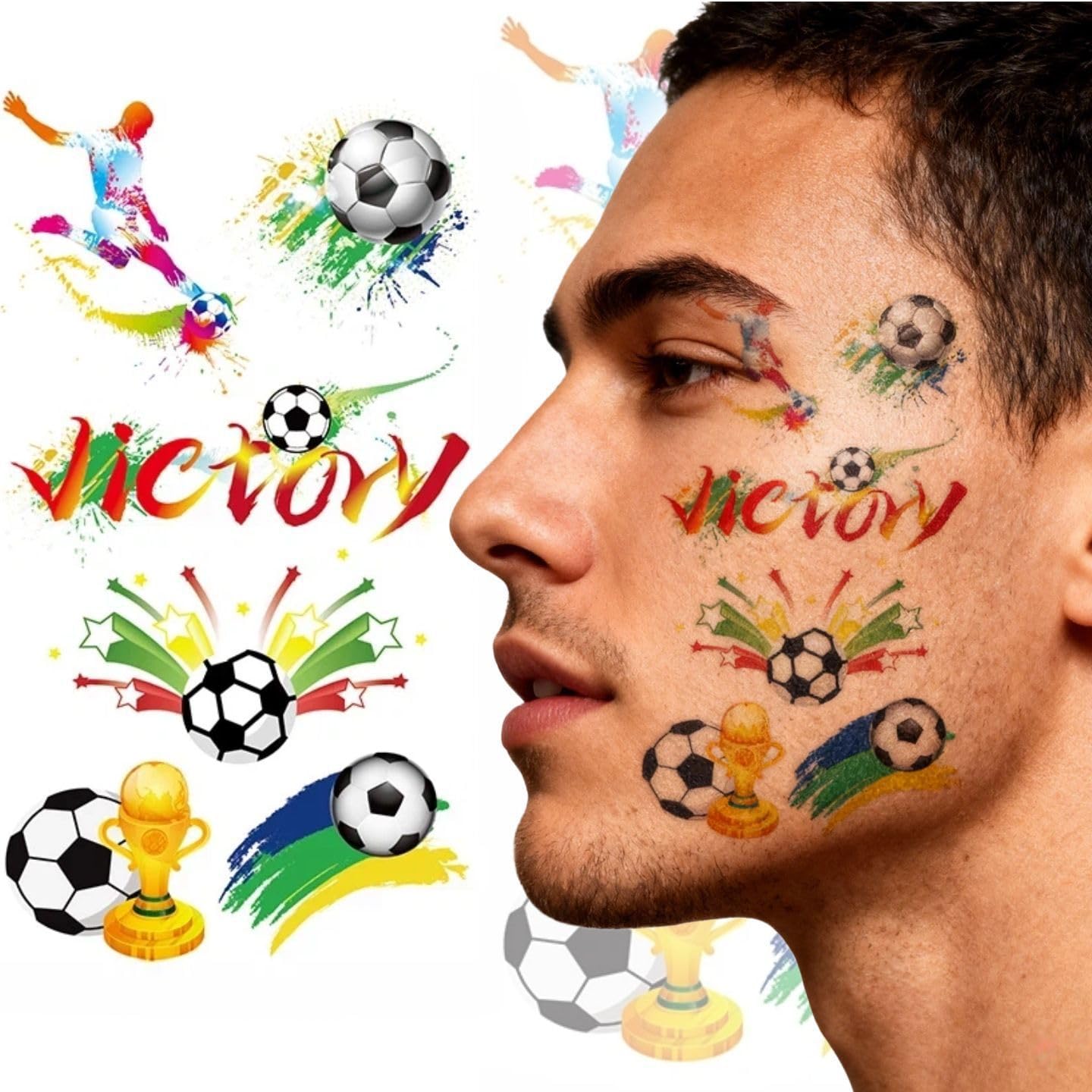 Trantranapa 5 Sheets Soccer Temporary Tattoos for Football Fans, Waterproof Football Victory Trophy Face Stickers, Soccer Face Tattoo Body Decor for Fan Party Cheering Accessories