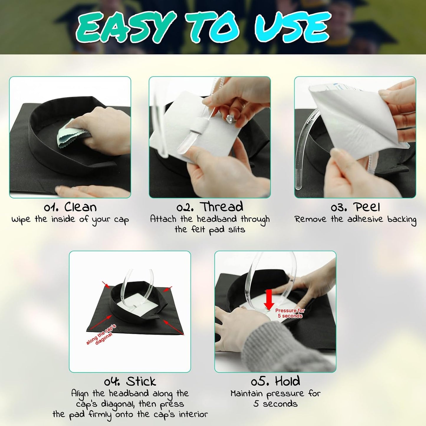Graduation Cap Headband - Anti-Slip Insert for Secure Fit | Pack of 2, Clear