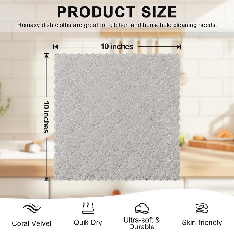 Homaxy 12 Pack Kitchen Dish Cloths (10 x 10 Inches, Grey), Super Soft and Absorbent Coral Velvet Dish Towels, Nonstick Oil Fast Drying Microfiber Cleaning Cloth, No Lint Household Dishcloths