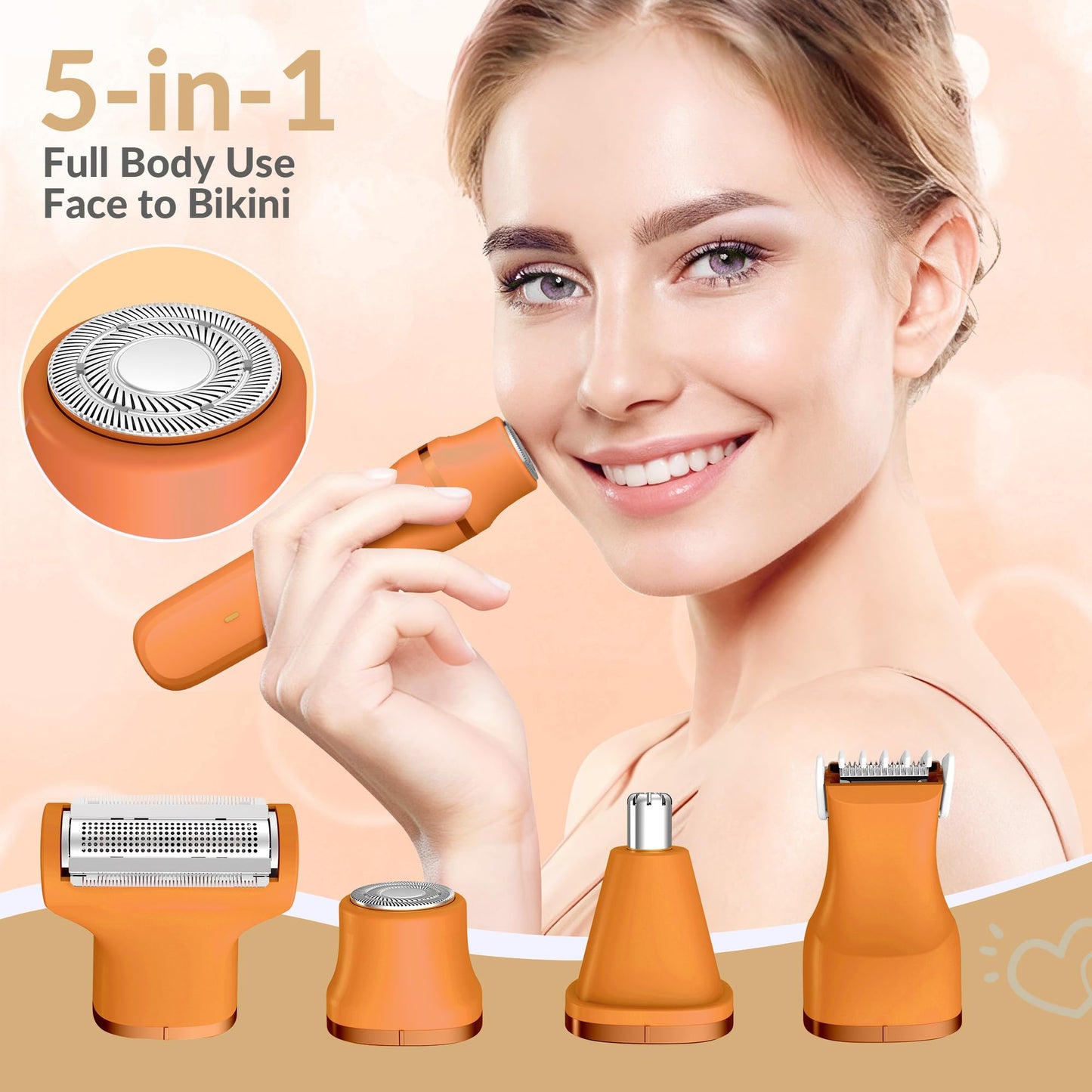 KINGTEE 5-in-1 Electric Bikini Trimmer for Women – IPX7 Waterproof Shaver, Cordless Body & Facial Razors for Women, Ceramic Blades, USB-C Rechargeable, Painless Hair Removal Kit (Pure Orange)