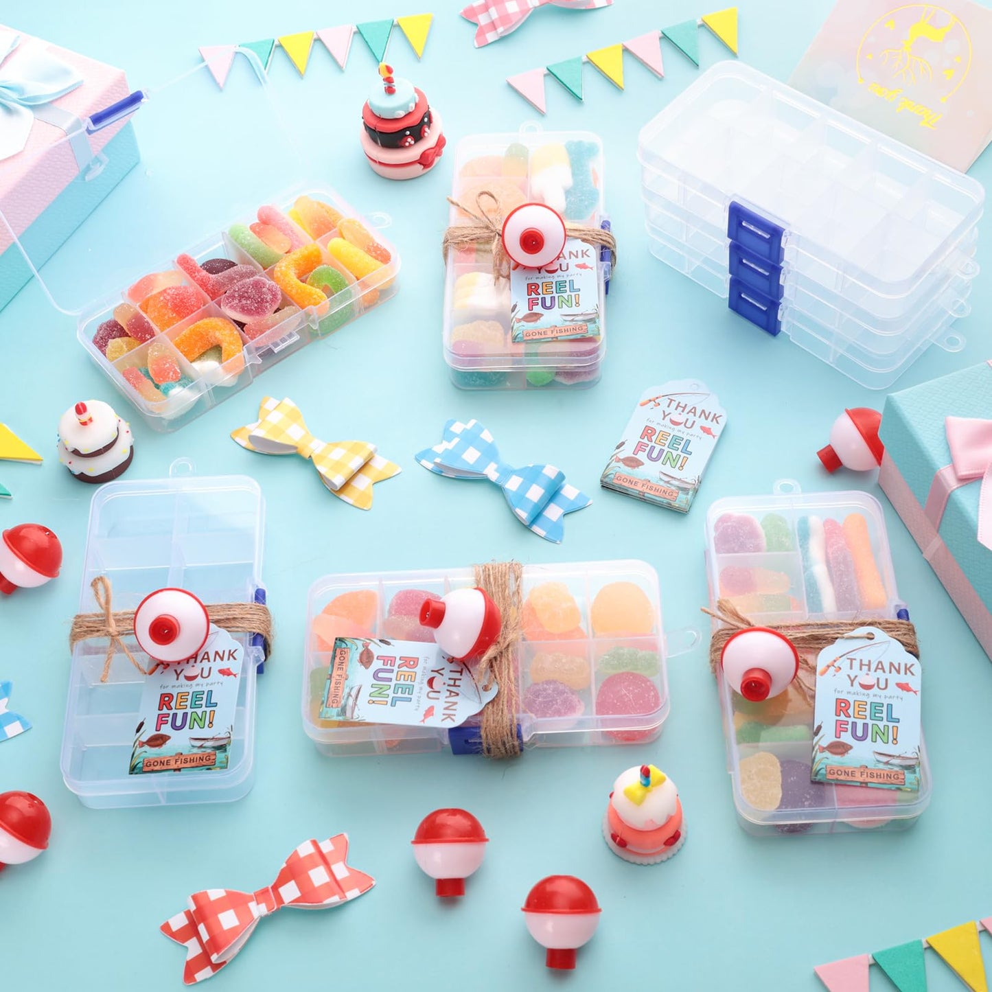 PLUVAVA 15 Pieces Fishing Party Favors Little Candy Tackle Boxes with Red White Floater Thank You Cards for Making Fishing Themed Birthday Party Decorations (15 PCS)
