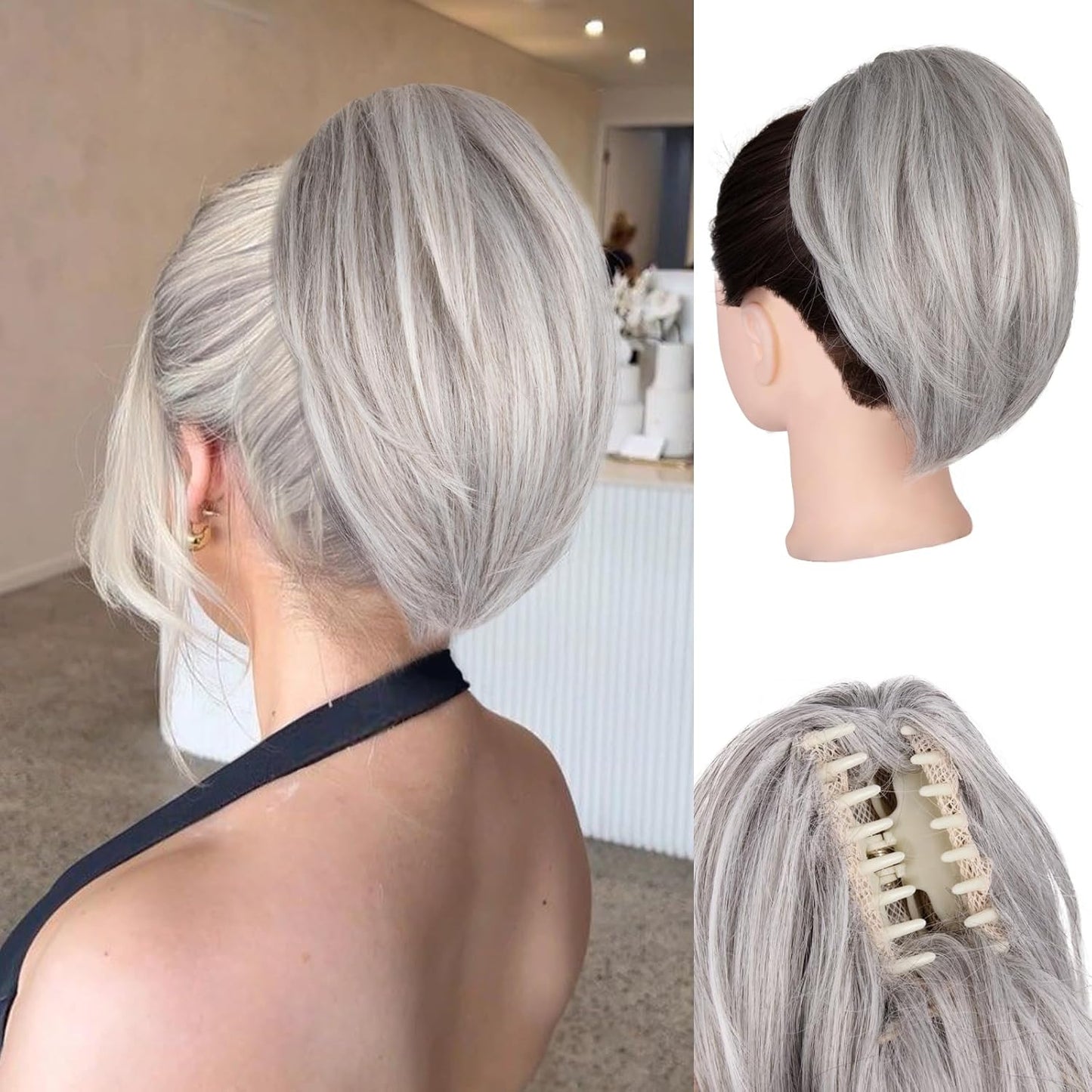 10 Inch Ponytail Extension - Straight Claw Clip Synthetic Hair | Brown with Blonde Highlights