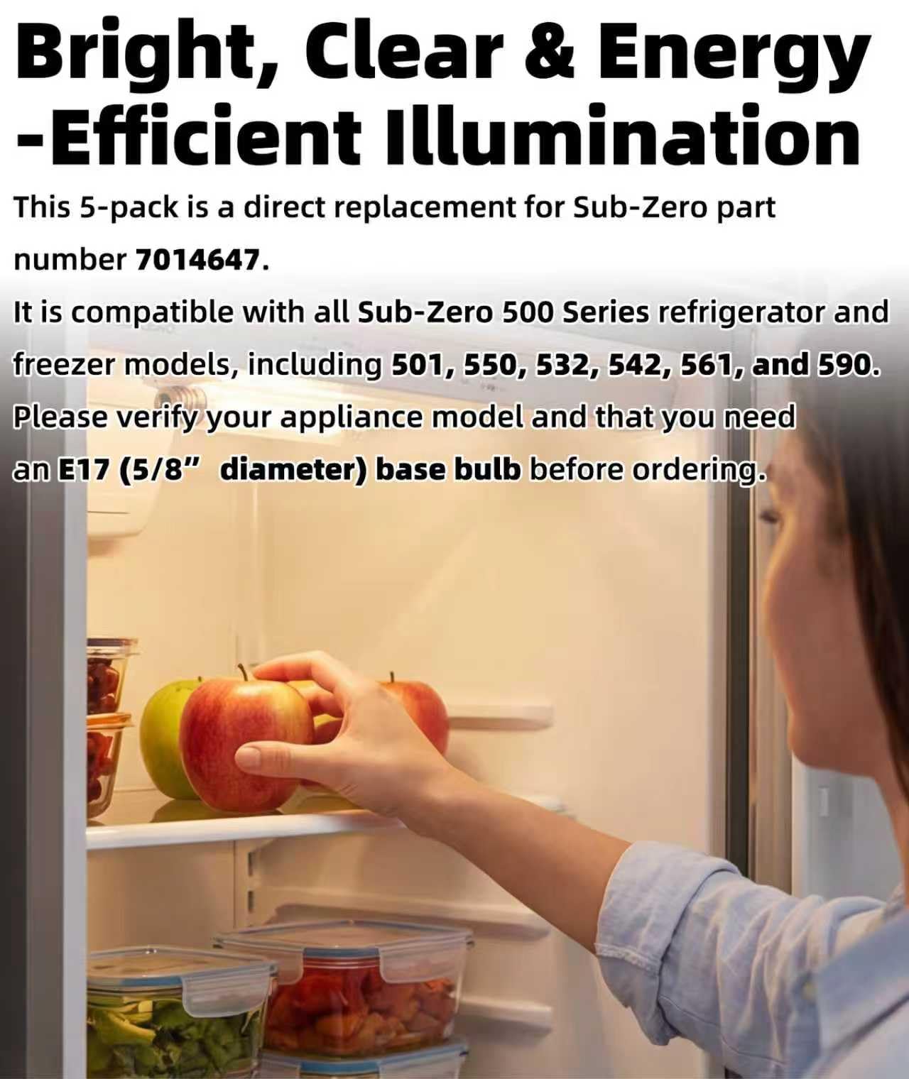 TELSOLARE 4-Pack 7014647 Refrigerator Light Bulb Replacement for Sub-Zero 500 Series (501, 550, 532, 542, 561, 590) - 120V 40W E17 Base Freezer & Fridge Bulbs