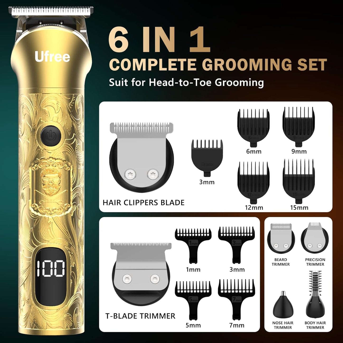 Ufree 8-In-1 Professional Hair Cutting Kit - Cordless Clippers & Trimmers Set for Men | Rechargeable Beard Trimmer & Electric Shaver
