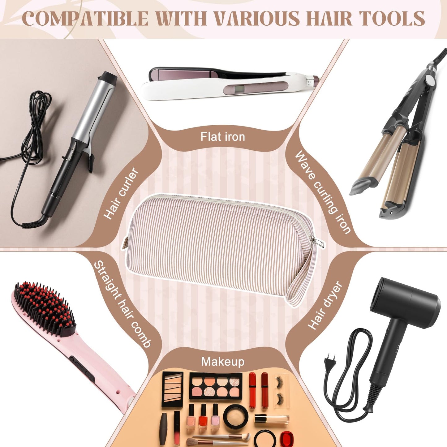 Huhumy Hair Tools Travel Bag with Handle, Large Khaki Striped Seersucker Wide Open Quilted Hot Styling Tool Organizer for Hair Dryer, Curling Irons, Flat Irons, Haircare Accessories Travel Necessities