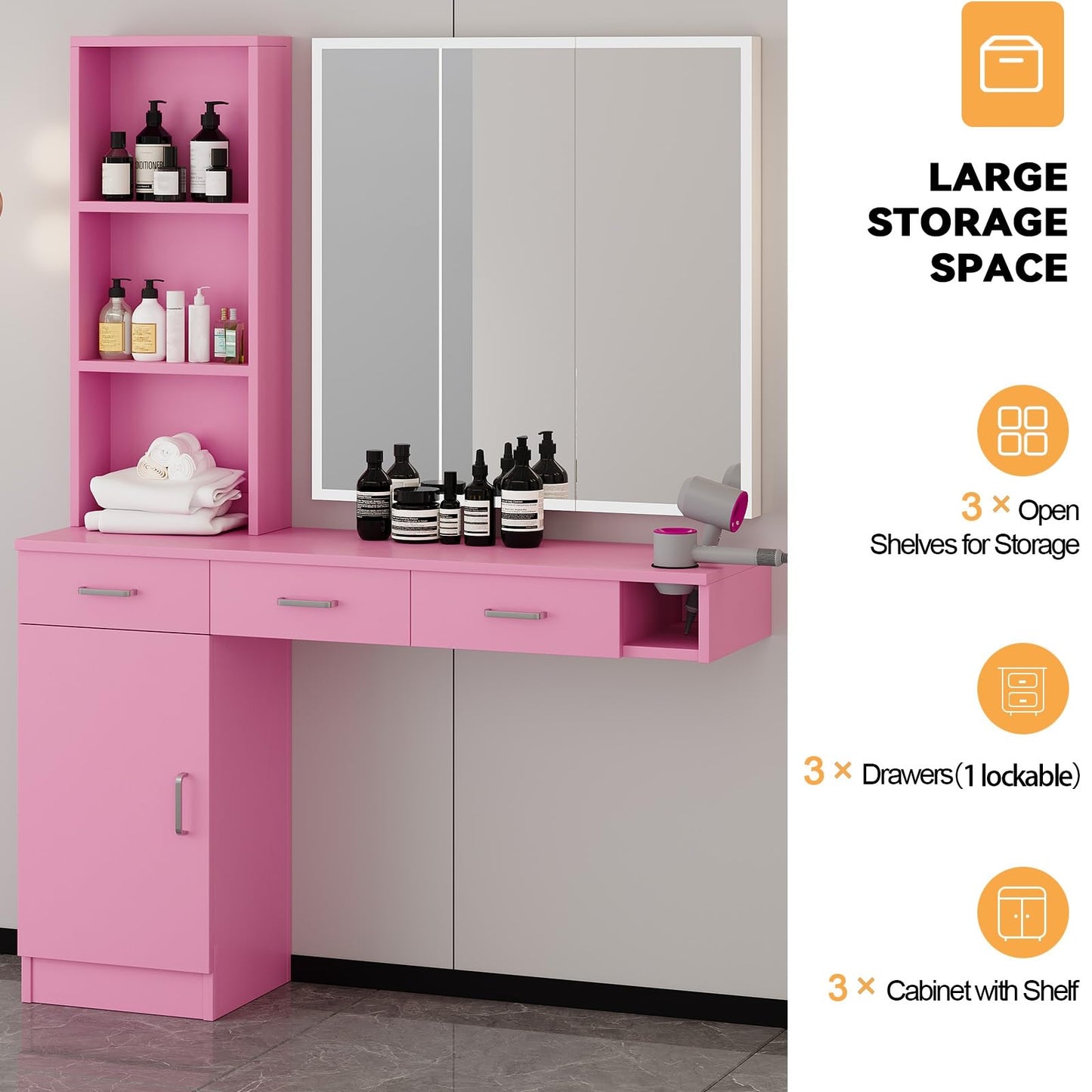 Salon Stations for Hair Stylist, Wall Mount Barber Station with Barber Cabinet, Hair Station Equipment Hair Dryer Holder, Drawers, Storage Cabinet for Hair Styling, Mirror not Included, Pink