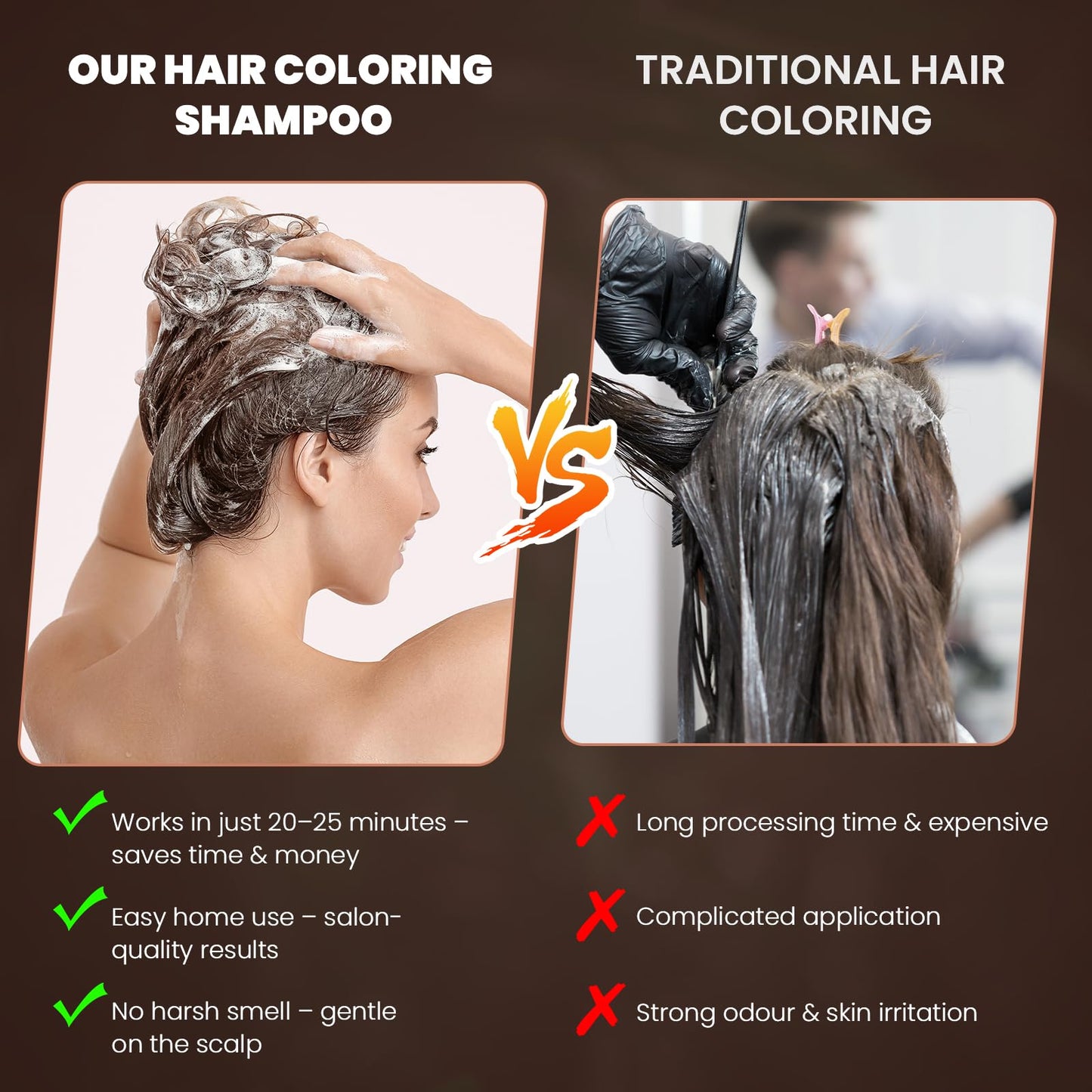 BELEZALIB Brown Hair Dye Shampoo 3 in 1, Herbal Ingredients Hair Color Shampoo for Semi-Permanent Cover Grey Hair, Hair Dye for Men and Women