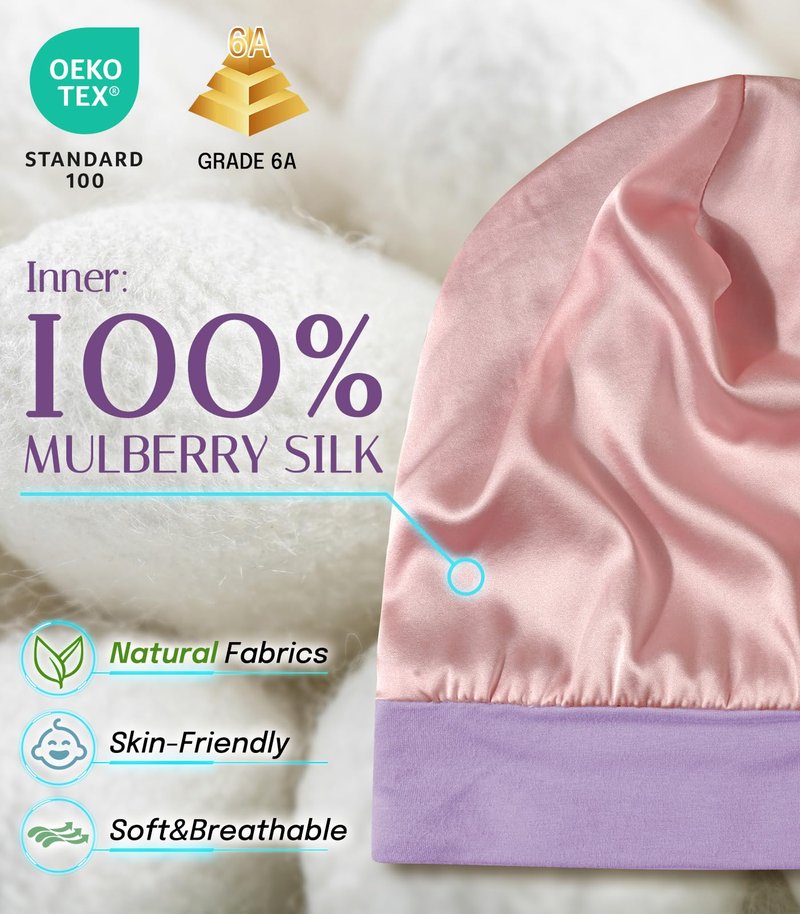 OLESILK Silk Baby Bonnet for 0-6 Months - 100% Mulberry Silk Toddler Hair Bonnet, Adjustable Night Cap for Sleeping Purple