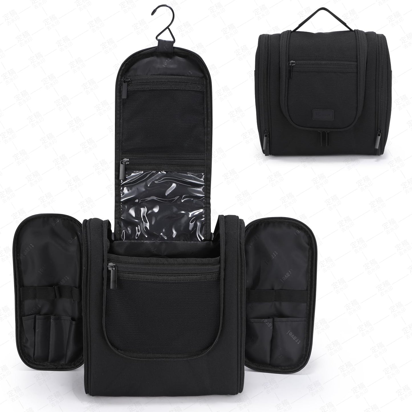 WIBKAE Hanging Toiletry Bag with Hook, Travel Cosmetic Makeup Bag Organizer for Accessories, Shampoo, Shaving Bag for Toiletries Accessories,Travel Essentials Kit (Black)
