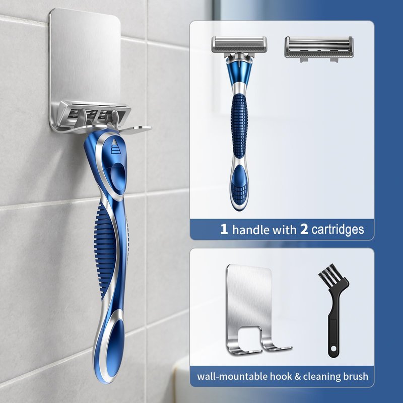 FYNEDGE 6-Blade Manual Razor for Men with Lubricating Strip, 1 Ergonomic Non-Slip Handle Includes 2pack Razor Blade Refill Cartridges, with Hanging Hook & Cleaning Brush, Full Washable Design