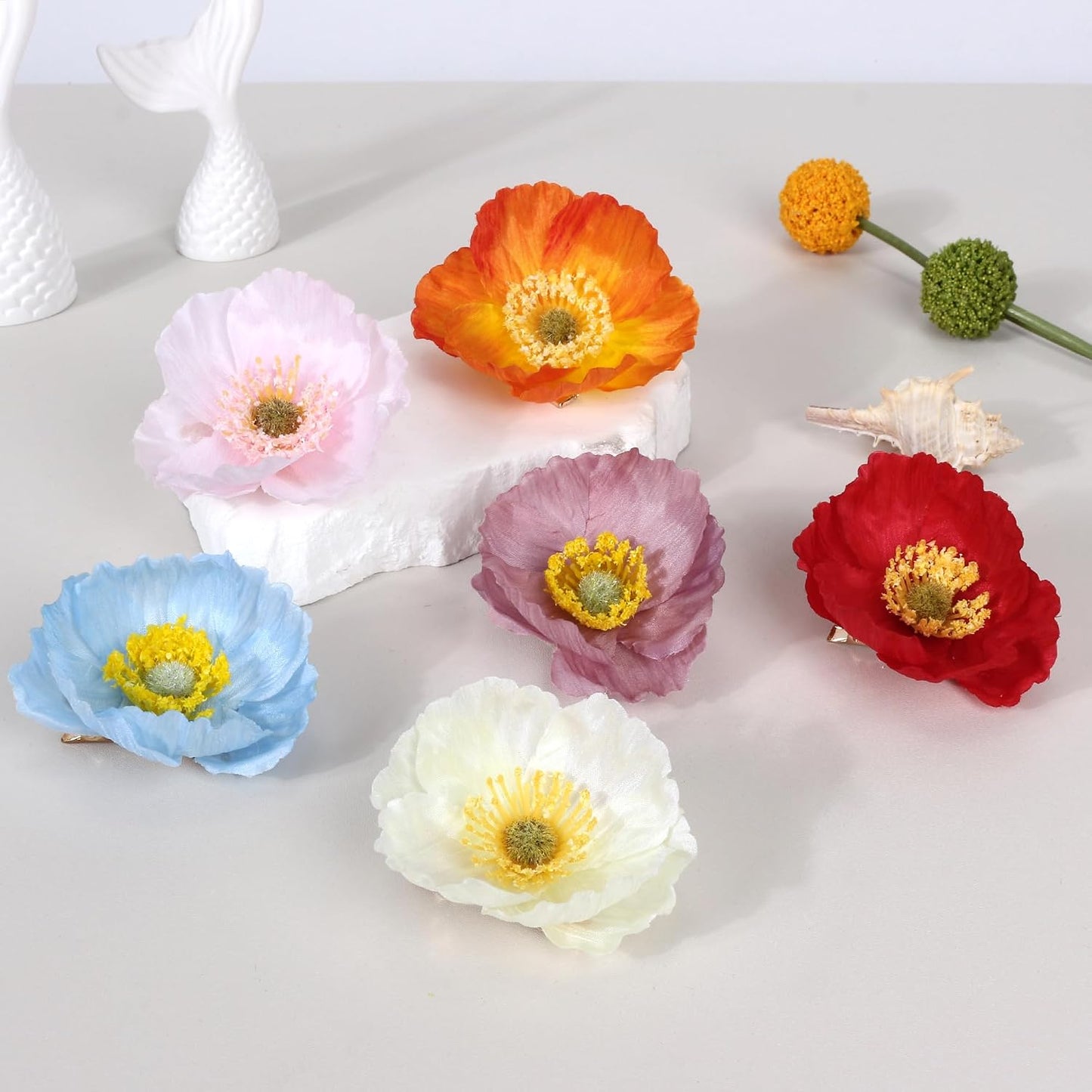 Flower Hair Clips - 6-Pack Hawaiian Tropical Silk Floral Hairpins for Women | Beach Wedding Accessories (Orange, Blue, Yellow)