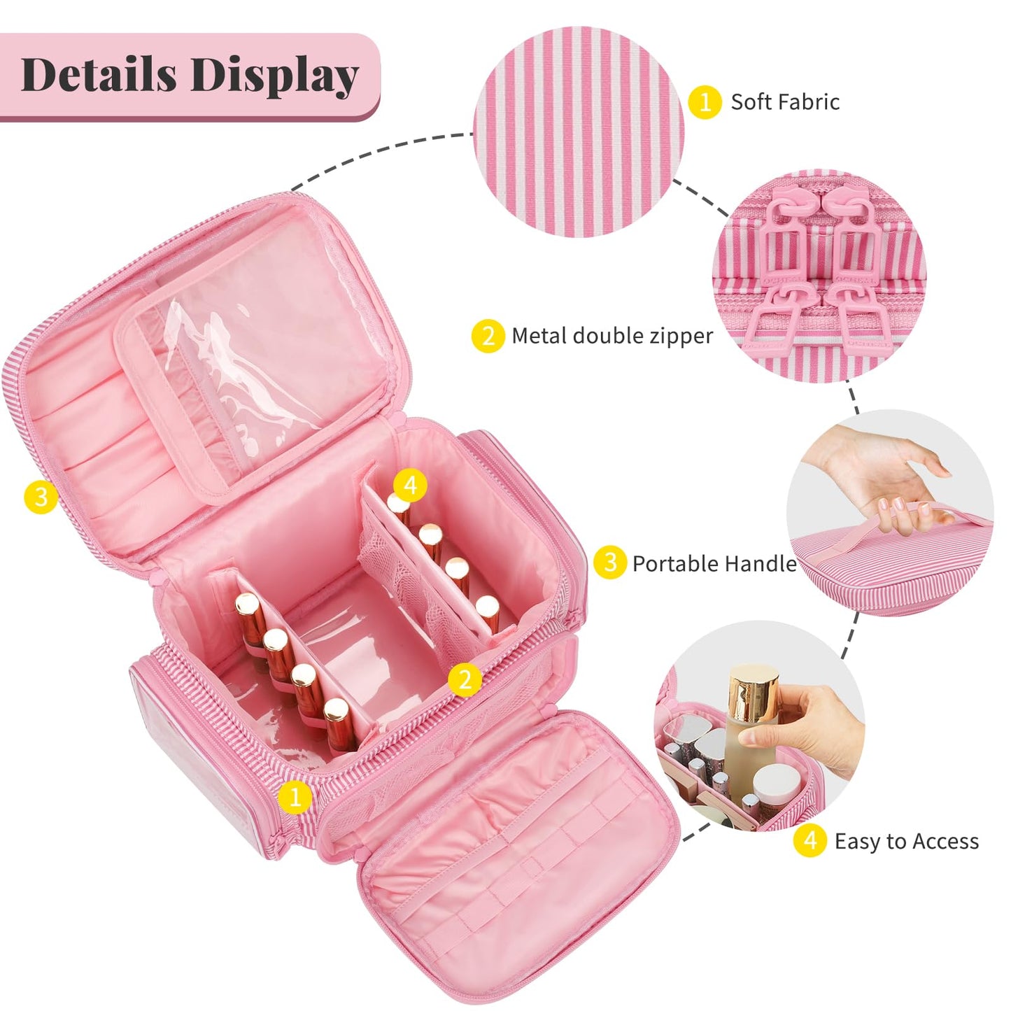Large Makeup Bag, Portable Travel Makeup Bag Organizer for Women Girls with Makeup Brush Compartment & Two Side Pockets, Cosmetic Travel Bag Vertical Storage Toiletry Bag - Pink Stripe