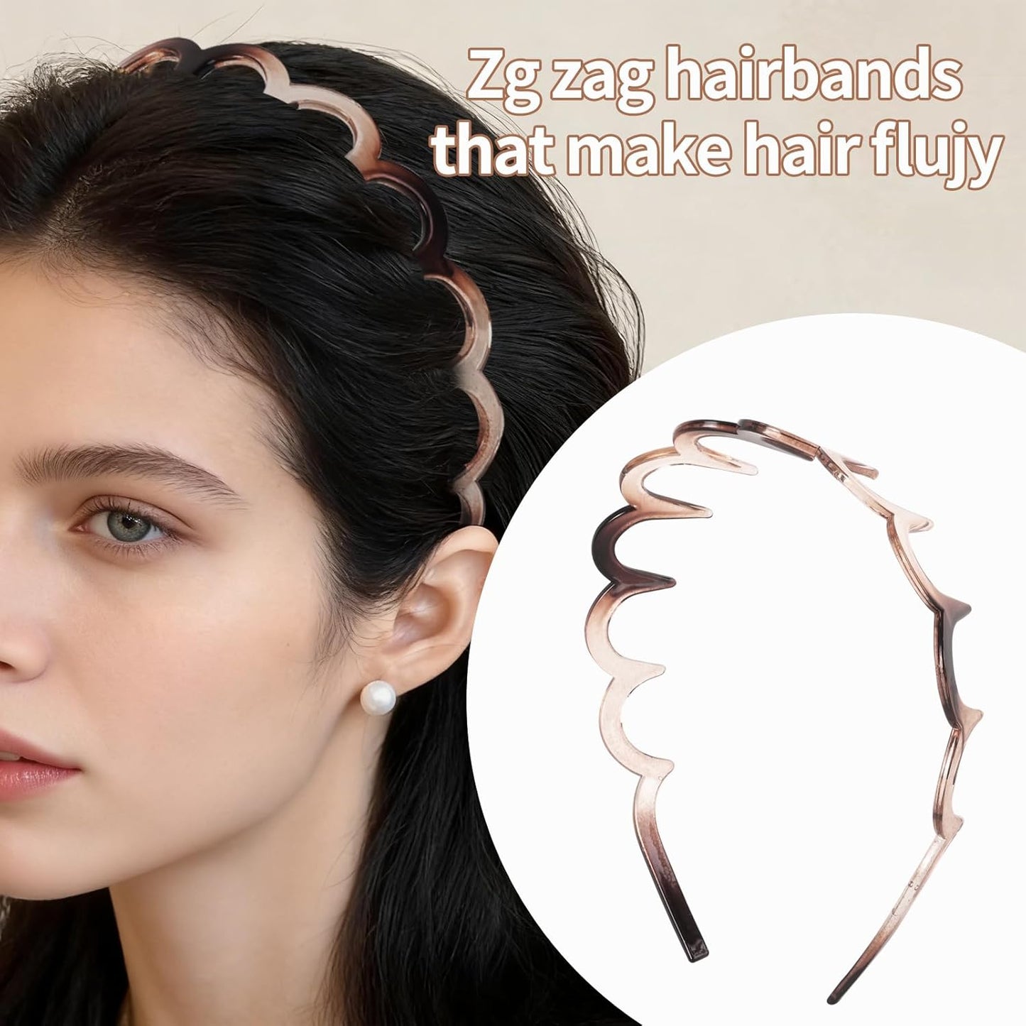 Zigzag Headbands for Women - Non-Slip U-Shaped Hair Accessories | 2-Pack Tortoiseshell & Amber Gray Recycled Plastic