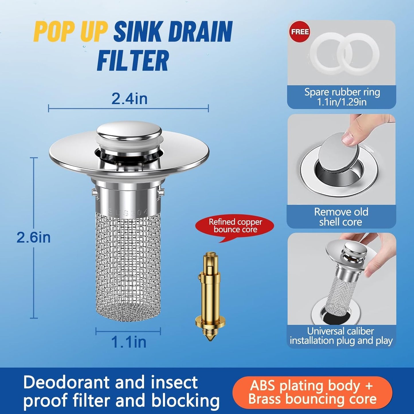 Bathroom Sink Drain Strainer with Pop Up Stopper, Stainless Steel Removable Filter Basket Hair Catcher, Anti-Clog Sink Drain Filter for Bathroom Sink (1 Pack)