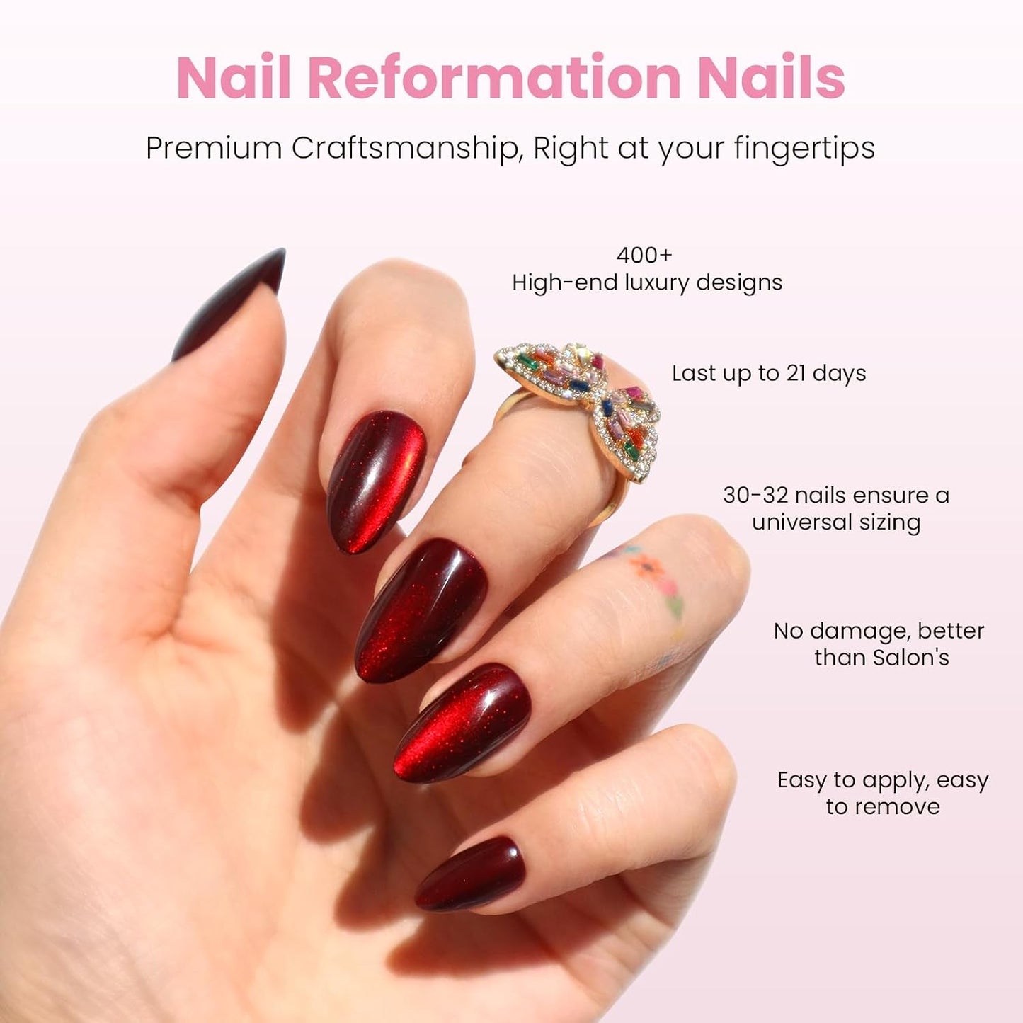 Burgundy Red Press On Nails - Short Almond Cat Eye Velvet Finish | 32 Pcs in 16 Sizes, Reusable Stick On Nails Kit for Women