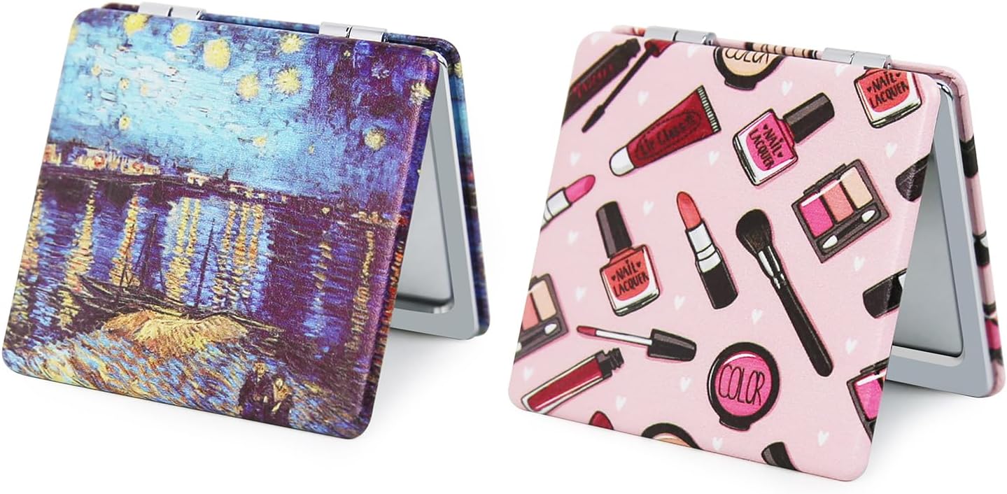 Pocket Mirror for Women - 2 Pcs Compact Double-Sided 1X/3X Travel Mirror | Square 2.8” PU Style