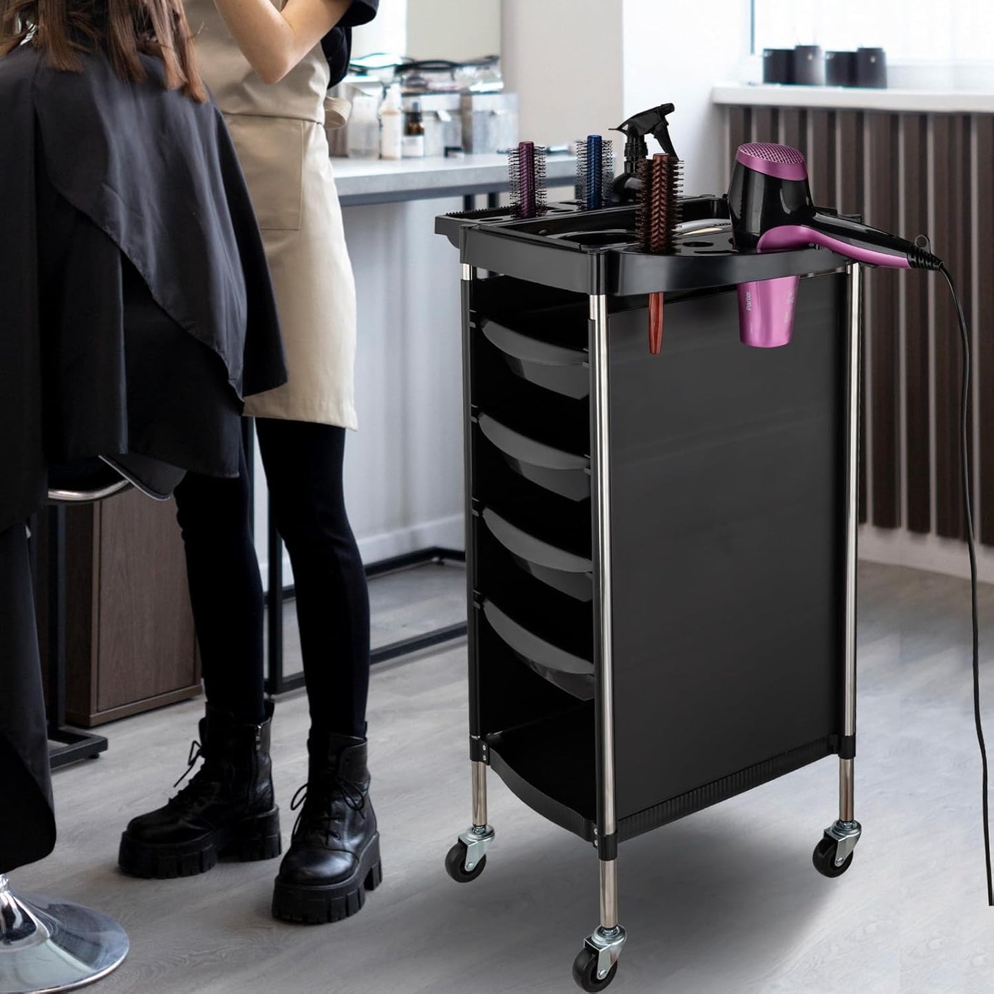 Hair Salon Storage Cart - 6-Layer Rolling Trolley with Wheels | Space-Saving Barber Station for Stylists & Beauty Professionals