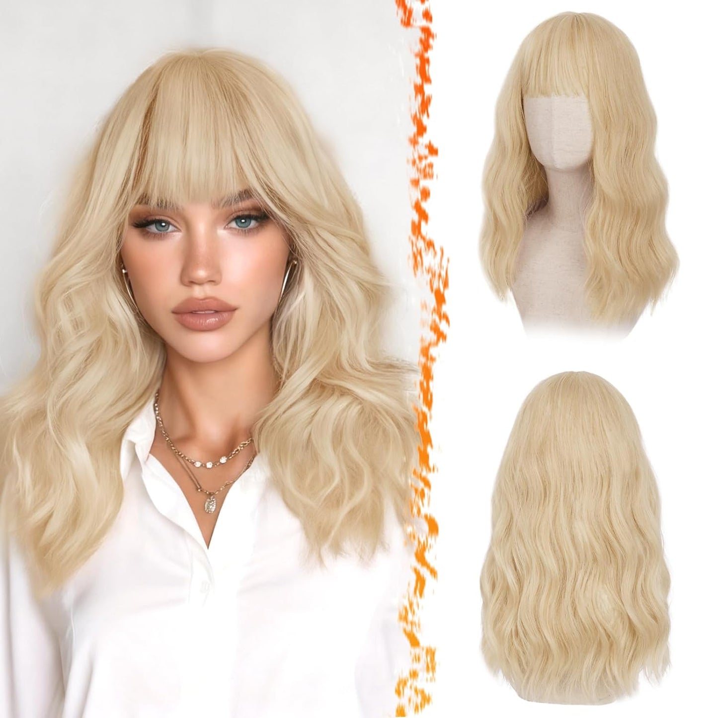 Long Wavy Blonde Curtain Bangs Wig - 26" Synthetic Ombre Wig with Dark Roots | Soft Natural Look