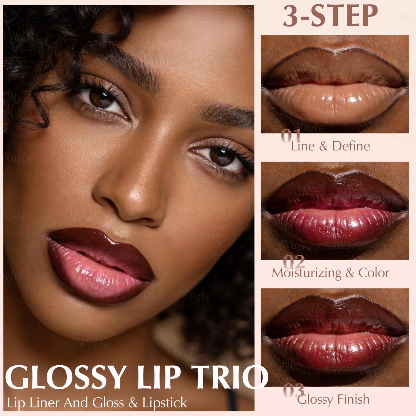 Wugbc 3PCS Lip Combo, High-Shine Lip Kit with Matte Brown Lip Liner & Red-Brown Nourishing Lipstick & Nude Glossy Lip Gloss, Long-Lasting Lightweight Non-Sticky Plumping Lip Contour Trio Set for Women