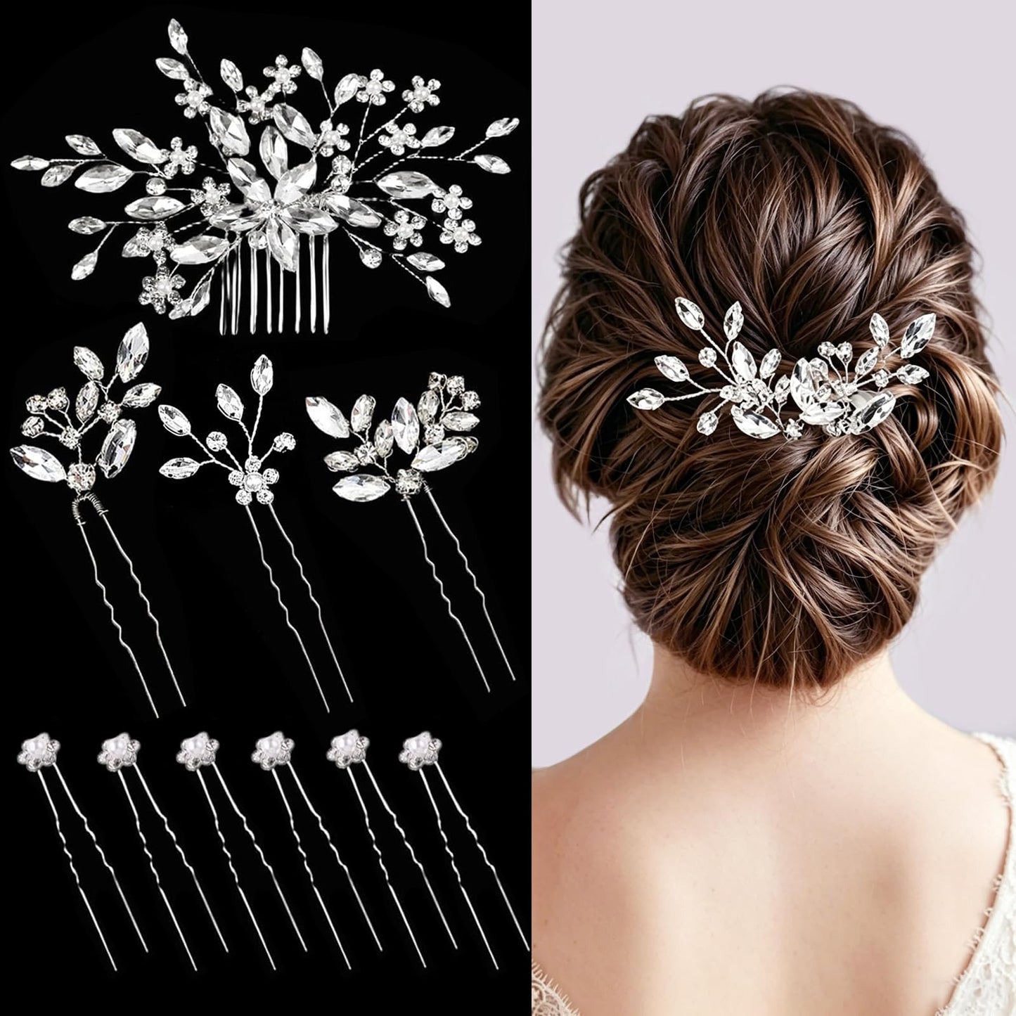 10 Pcs Silver Rhinestone Bride Hair Pins Set Crystal Bridal Hair Accessories for Women, Wedding Hair Piece for Brides Bridesmaids Flower Girls Classic Elegant Style