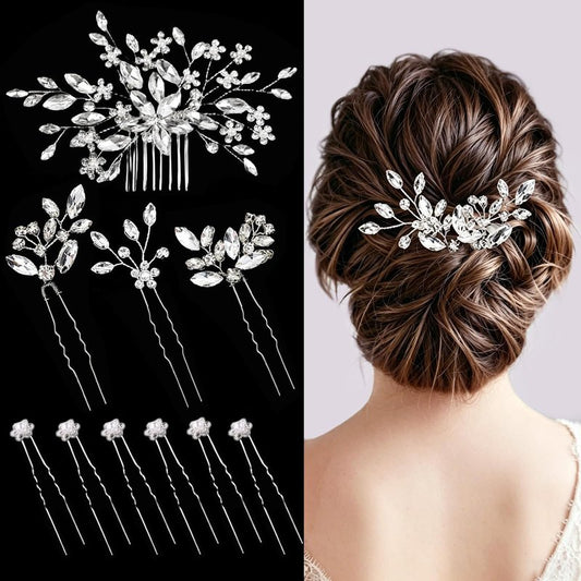 10 Pcs Silver Rhinestone Bride Hair Pins Set Crystal Bridal Hair Accessories for Women, Wedding Hair Piece for Brides Bridesmaids Flower Girls Classic Elegant Style
